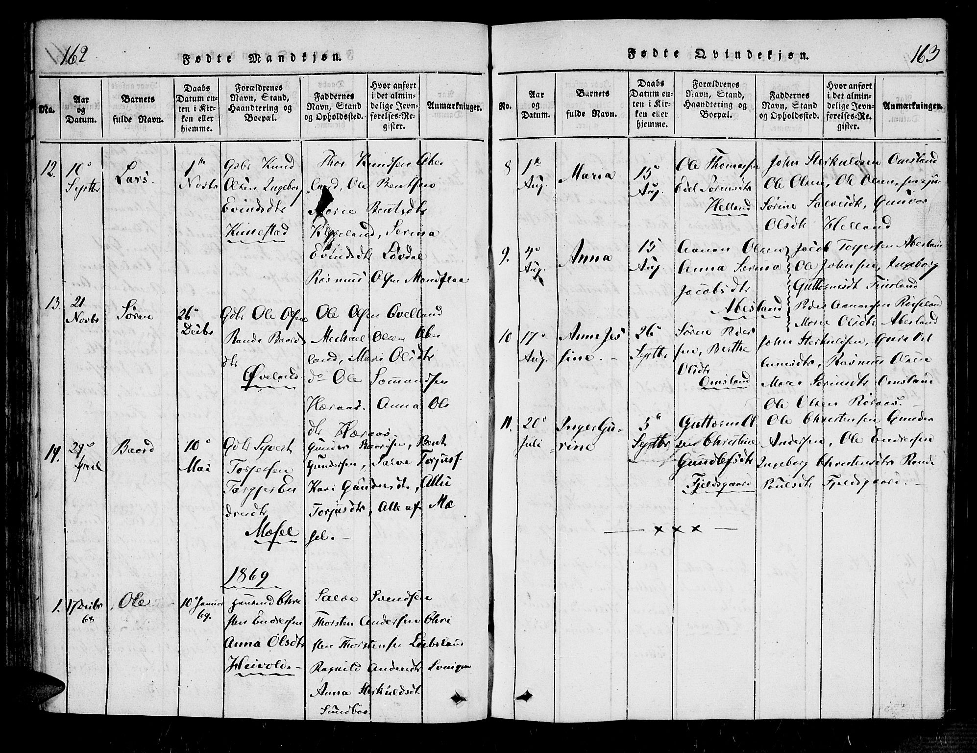 Bjelland sokneprestkontor, AV/SAK-1111-0005/F/Fa/Fab/L0002: Ministerialbok nr. A 2, 1816-1869, s. 162-163