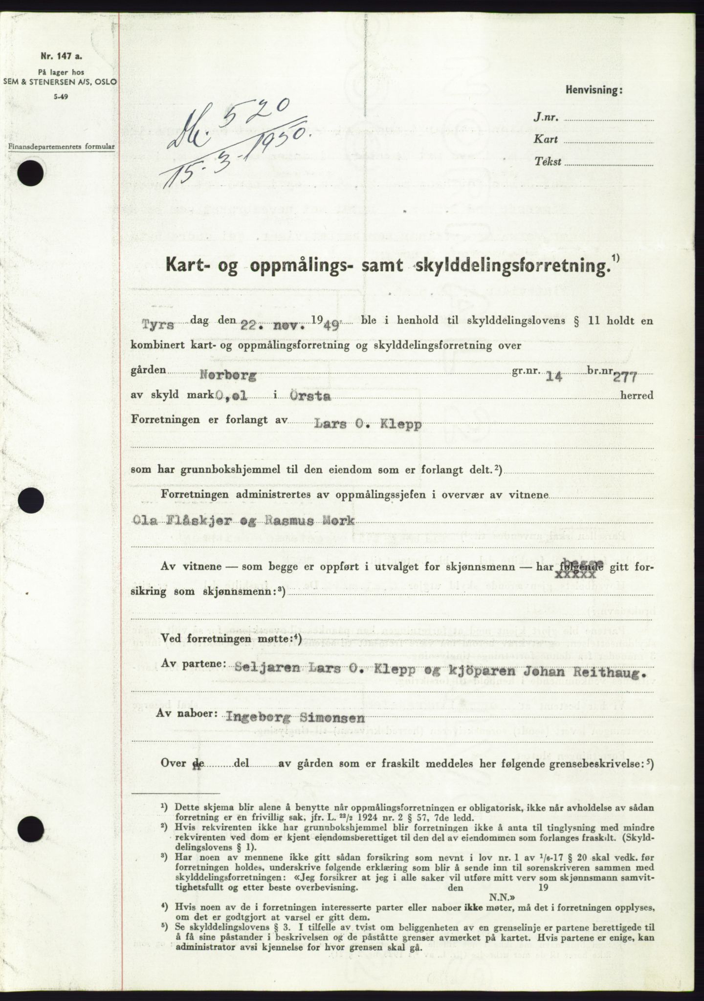 Søre Sunnmøre sorenskriveri, SAT/A-4122/1/2/2C/L0086: Pantebok nr. 12A, 1949-1950, Dagboknr: 520/1950