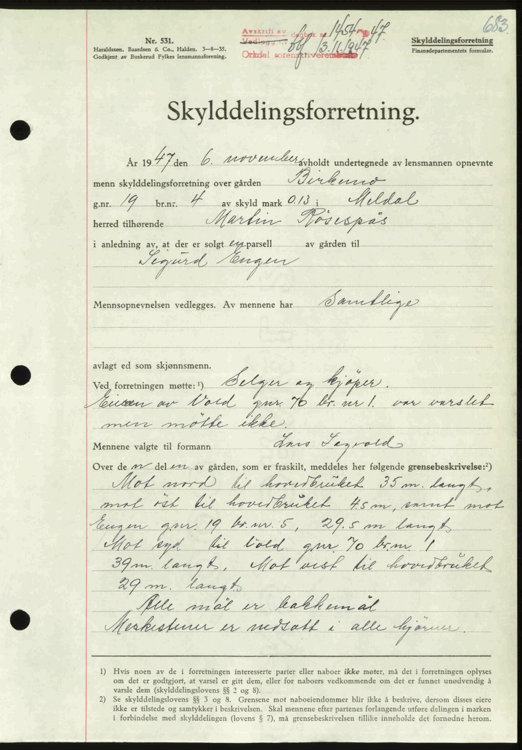 Orkdal sorenskriveri, SAT/A-4169/1/2/2C: Pantebok nr. A, 1947-1947, Dagboknr: 1454/1947