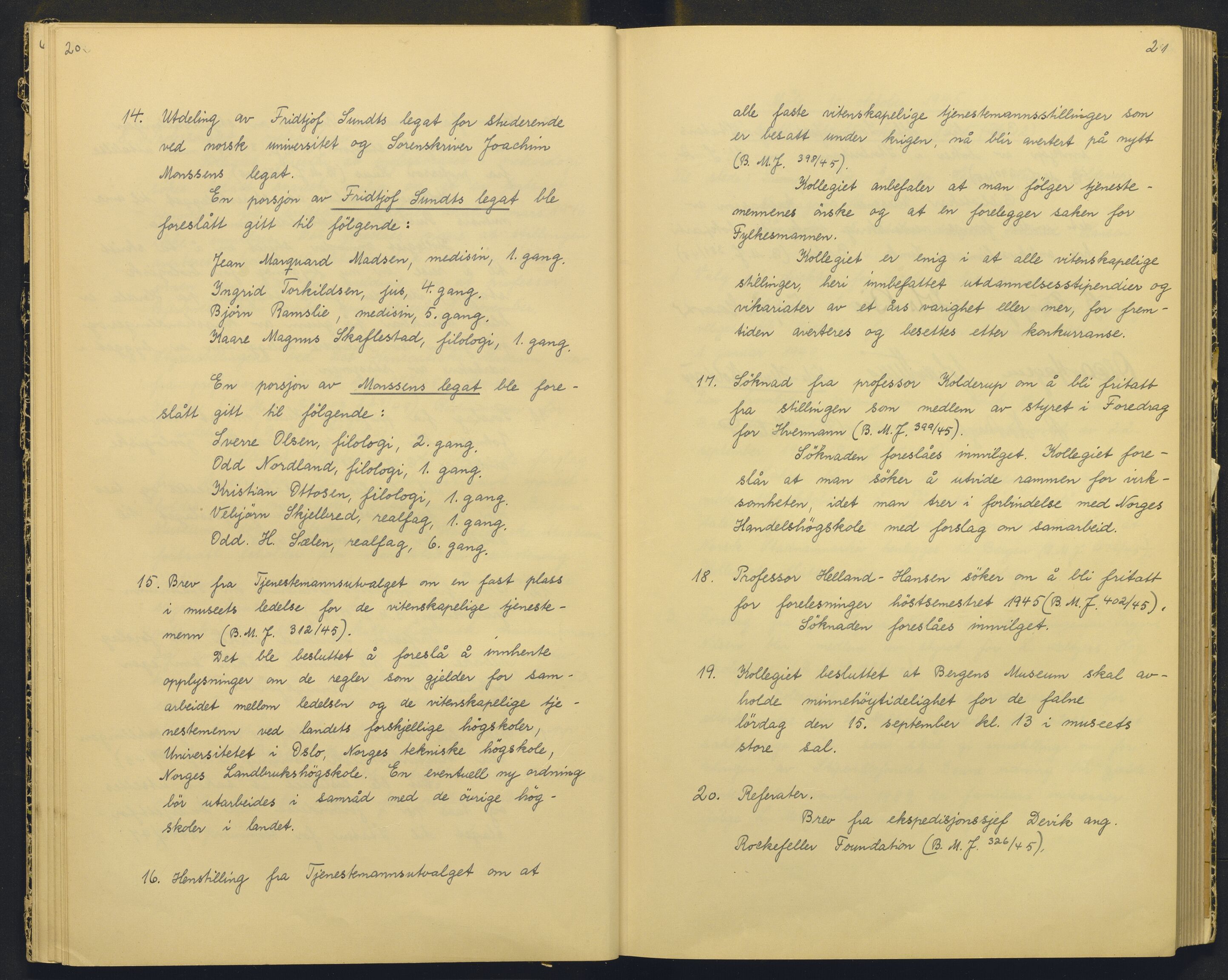 Bergens Museum, AV/SAB-A-17301/18/A/L0004: Professorkollegiets møtebok med register , 1945-1949, s. 20-21