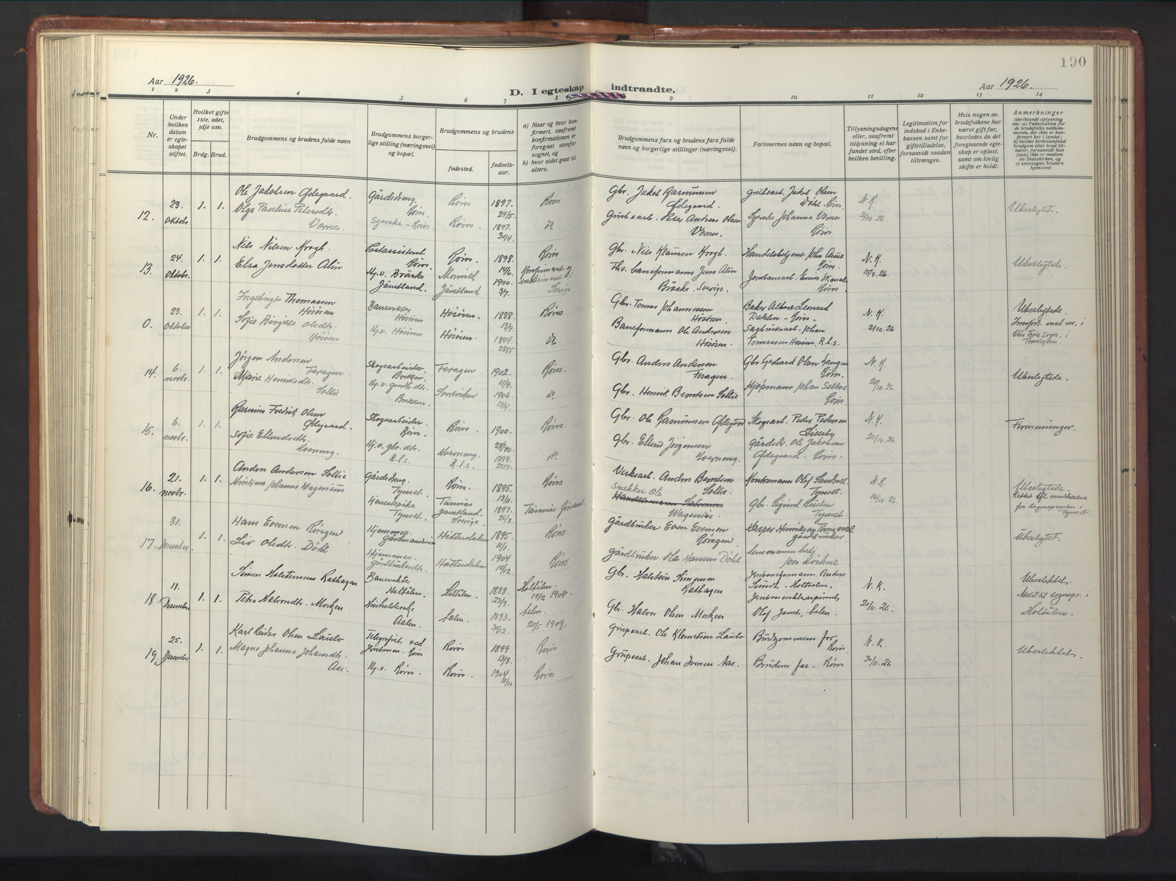 Ministerialprotokoller, klokkerbøker og fødselsregistre - Sør-Trøndelag, SAT/A-1456/681/L0943: Klokkerbok nr. 681C07, 1926-1954, s. 190