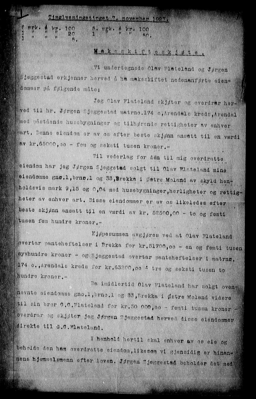 Nedenes sorenskriveri, SAK/1221-0006/G/Gb/Gba/L0033: Pantebok nr. 29, 1927-1928, s. 1