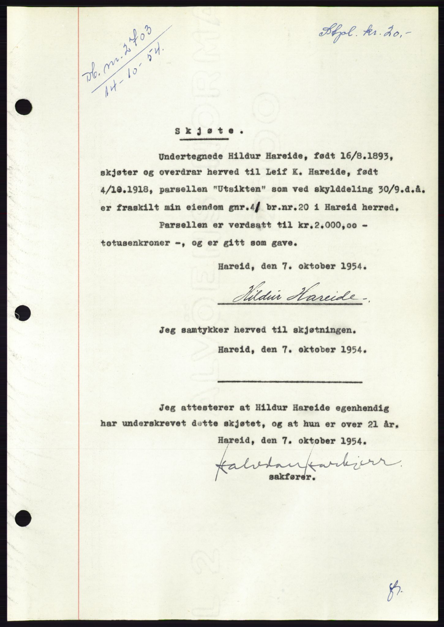 Søre Sunnmøre sorenskriveri, AV/SAT-A-4122/1/2/2C/L0099: Pantebok nr. 25A, 1954-1954, Dagboknr: 2703/1954