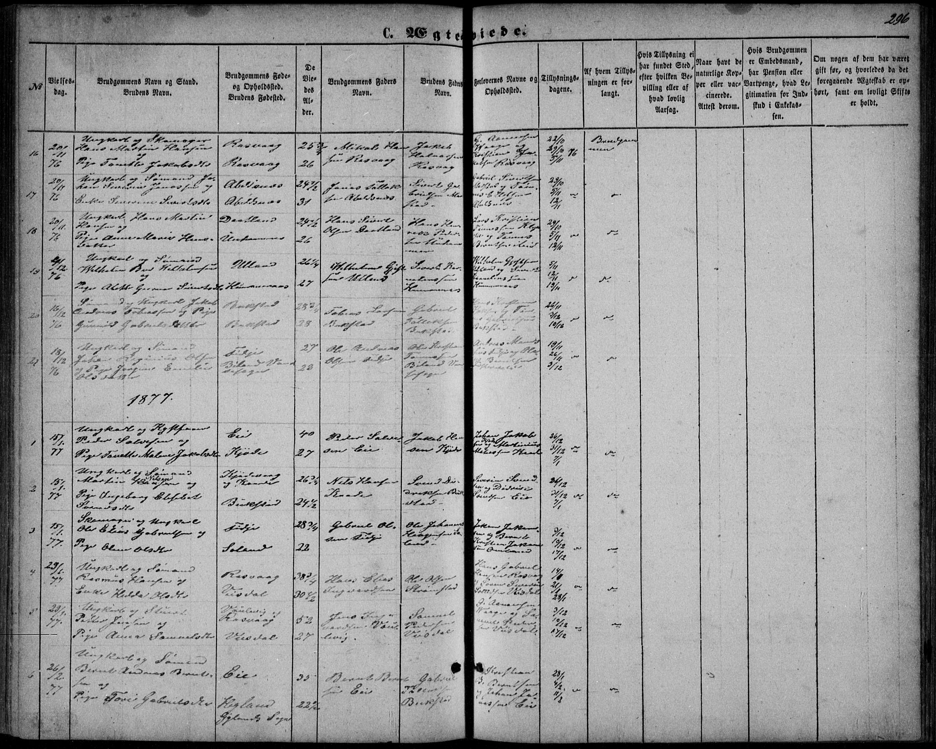 Flekkefjord sokneprestkontor, SAK/1111-0012/F/Fb/Fbb/L0003: Klokkerbok nr. B 3, 1867-1889, s. 296