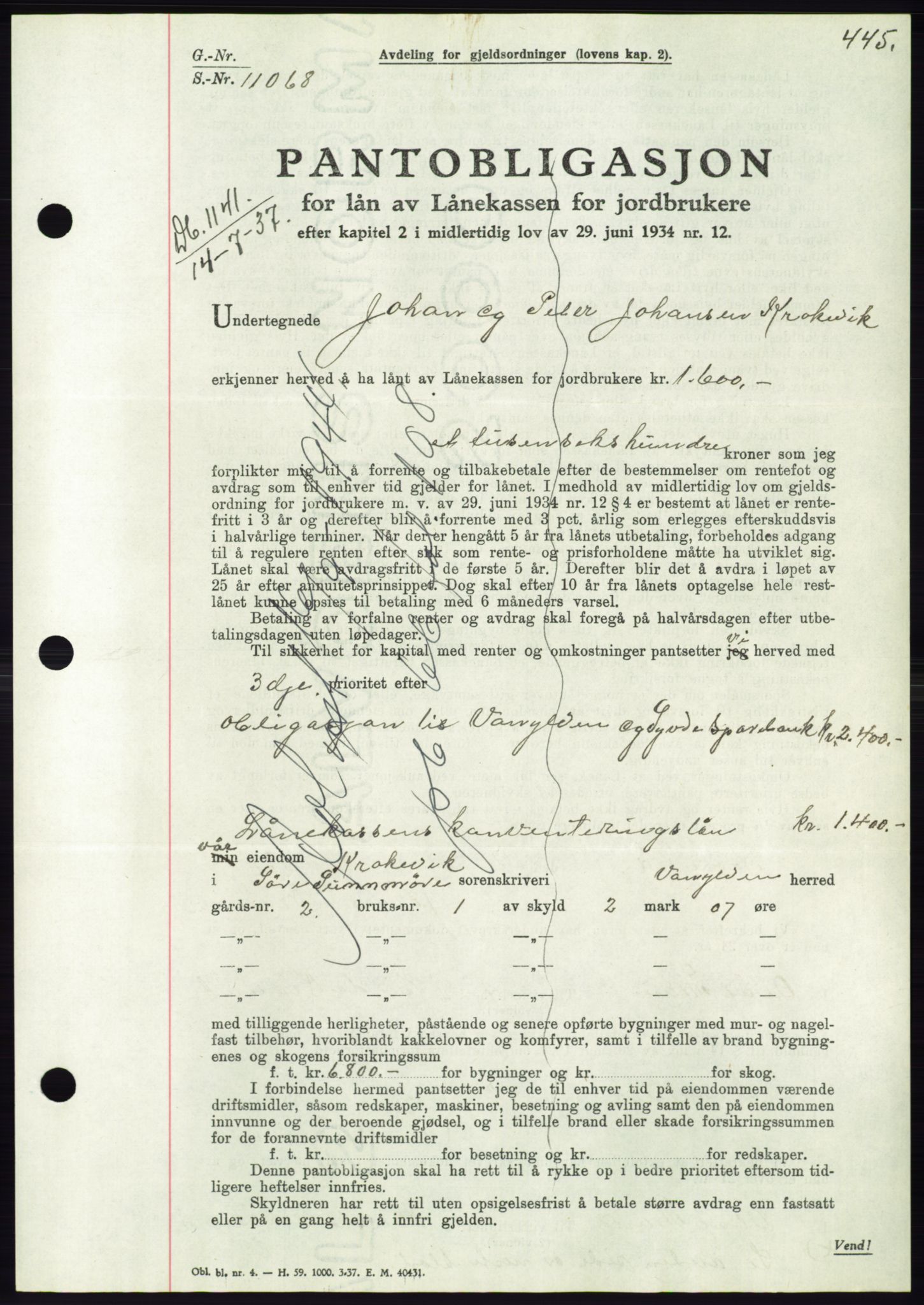 Søre Sunnmøre sorenskriveri, AV/SAT-A-4122/1/2/2C/L0063: Pantebok nr. 57, 1937-1937, Dagboknr: 1141/1937