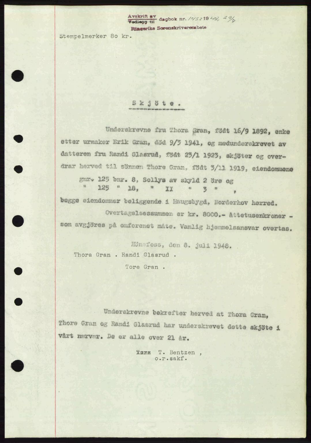 Ringerike sorenskriveri, SAKO/A-105/G/Ga/Gab/L0088: Pantebok nr. A-19, 1948-1948, Dagboknr: 1432/1948