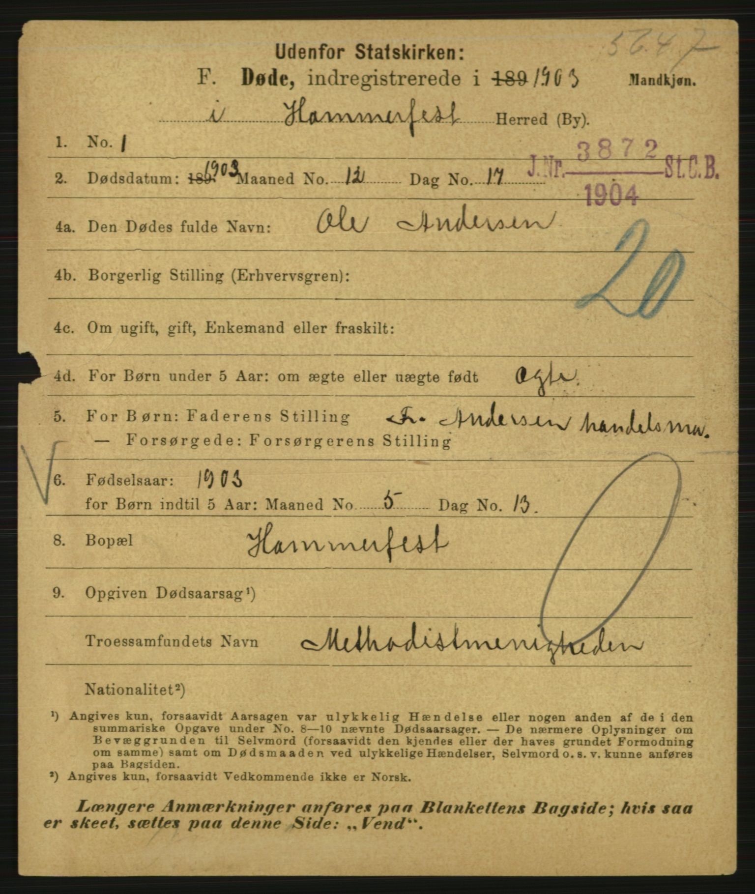 Statistisk sentralbyrå, Sosiodemografiske emner, Befolkning, AV/RA-S-2228/E/L0001: Fødte, gifte, døde dissentere., 1903, s. 3145