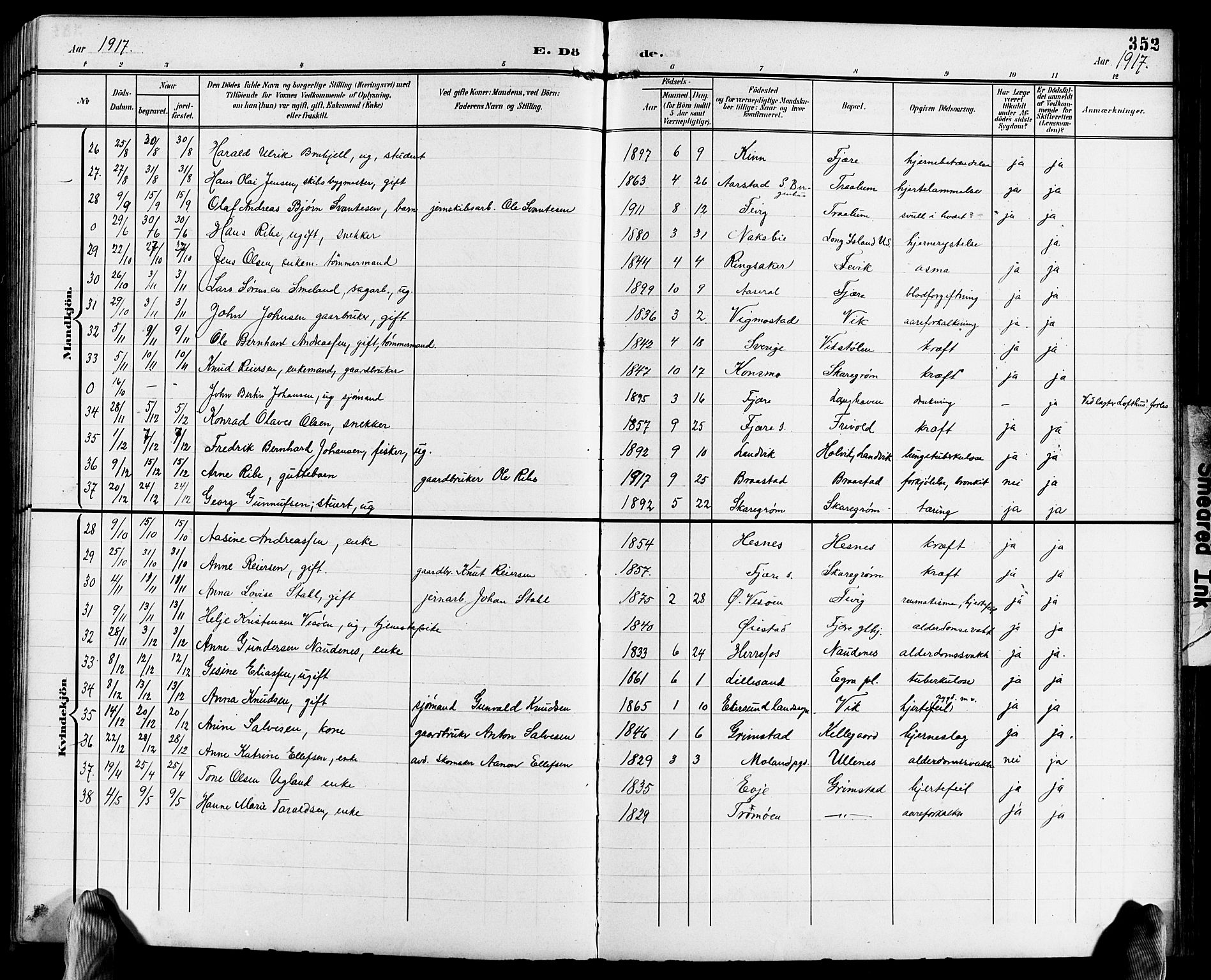 Fjære sokneprestkontor, AV/SAK-1111-0011/F/Fb/L0012: Klokkerbok nr. B 12, 1902-1925, s. 352