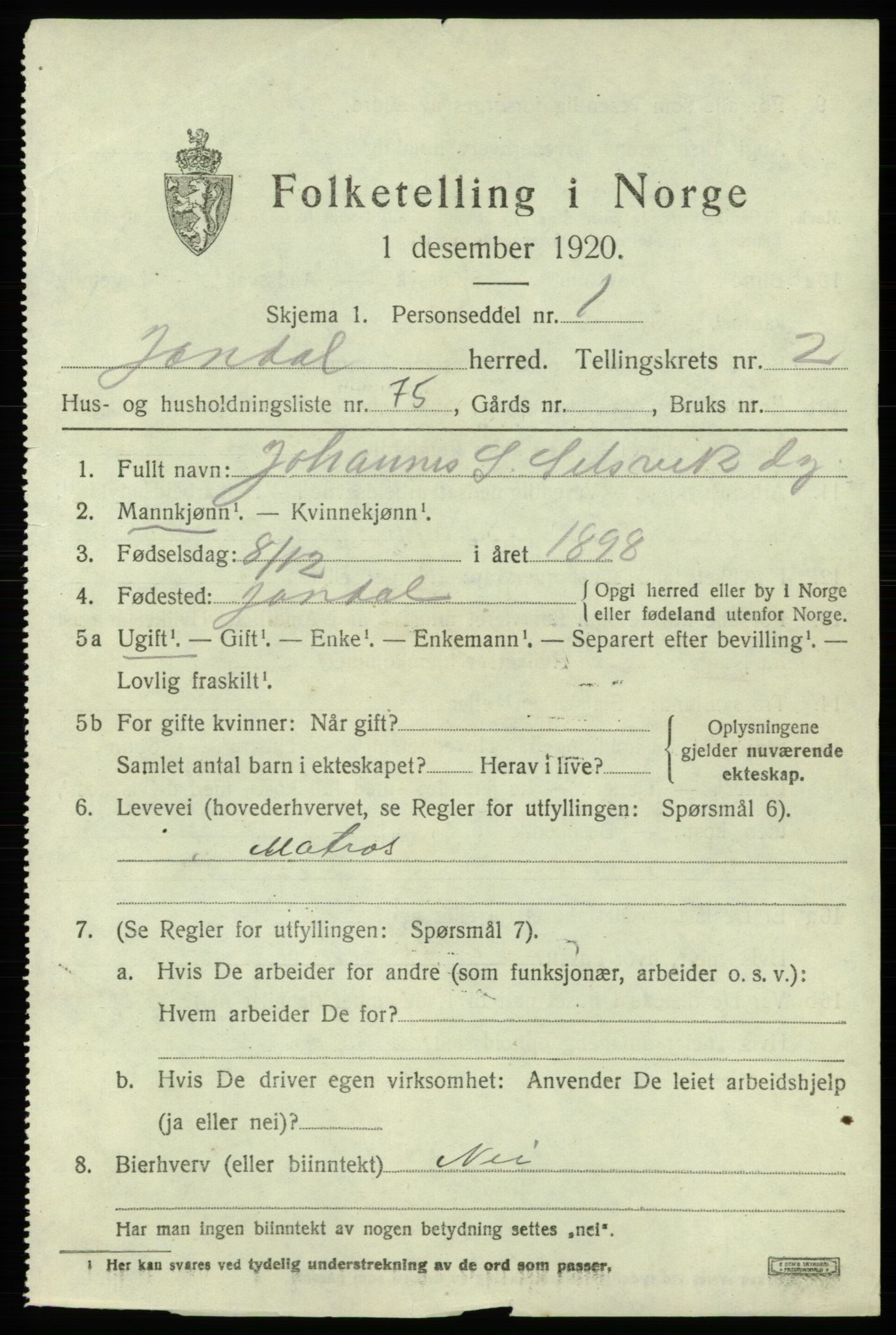SAB, Folketelling 1920 for 1227 Jondal herred, 1920, s. 1742