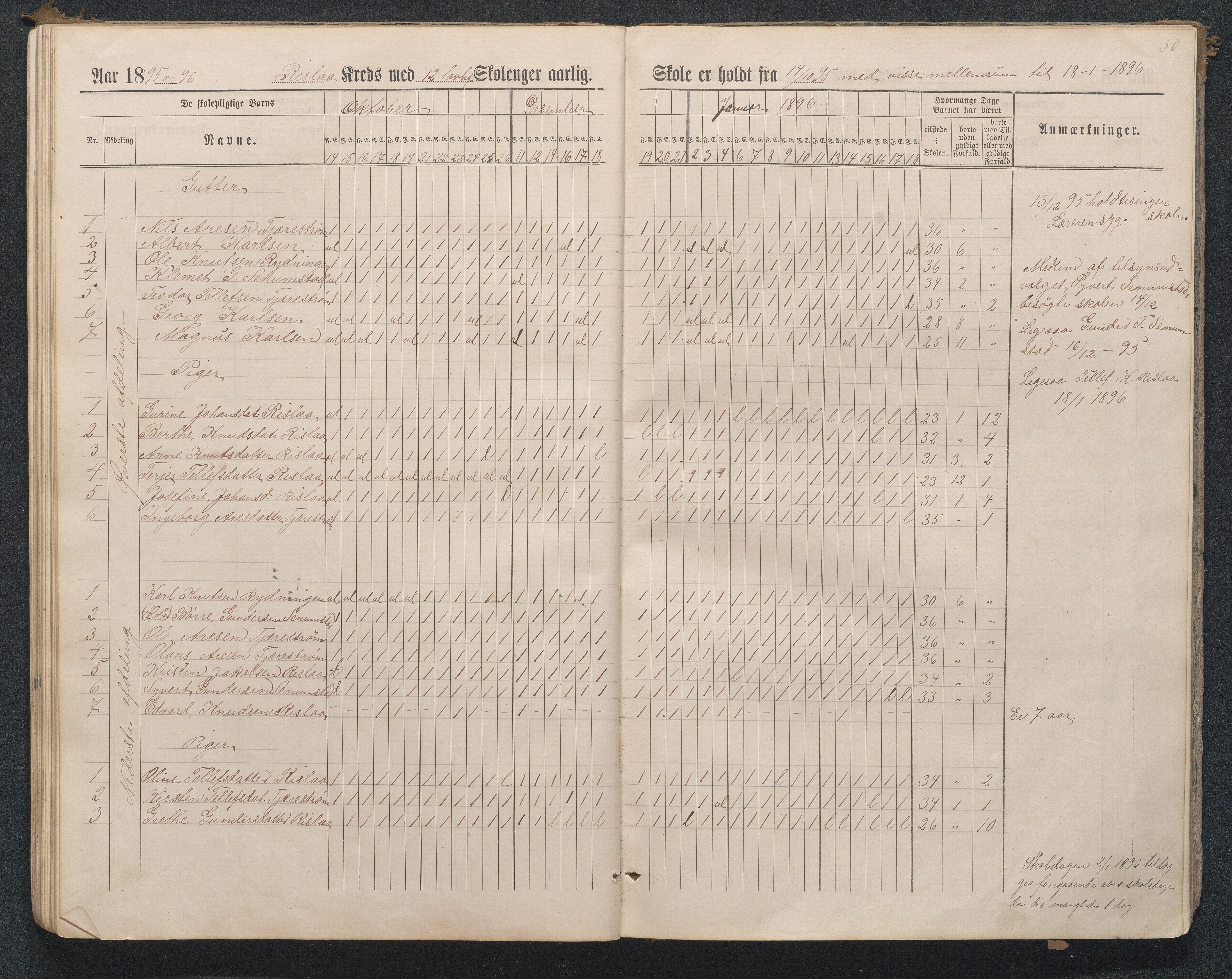 Birkenes kommune, Flå, Senumstad og Rislå skolekretser frem til 1991, AAKS/KA0928-550b_91/F02/L0001: Dagbok for Flå og Rislå, 1886-1900, s. 50