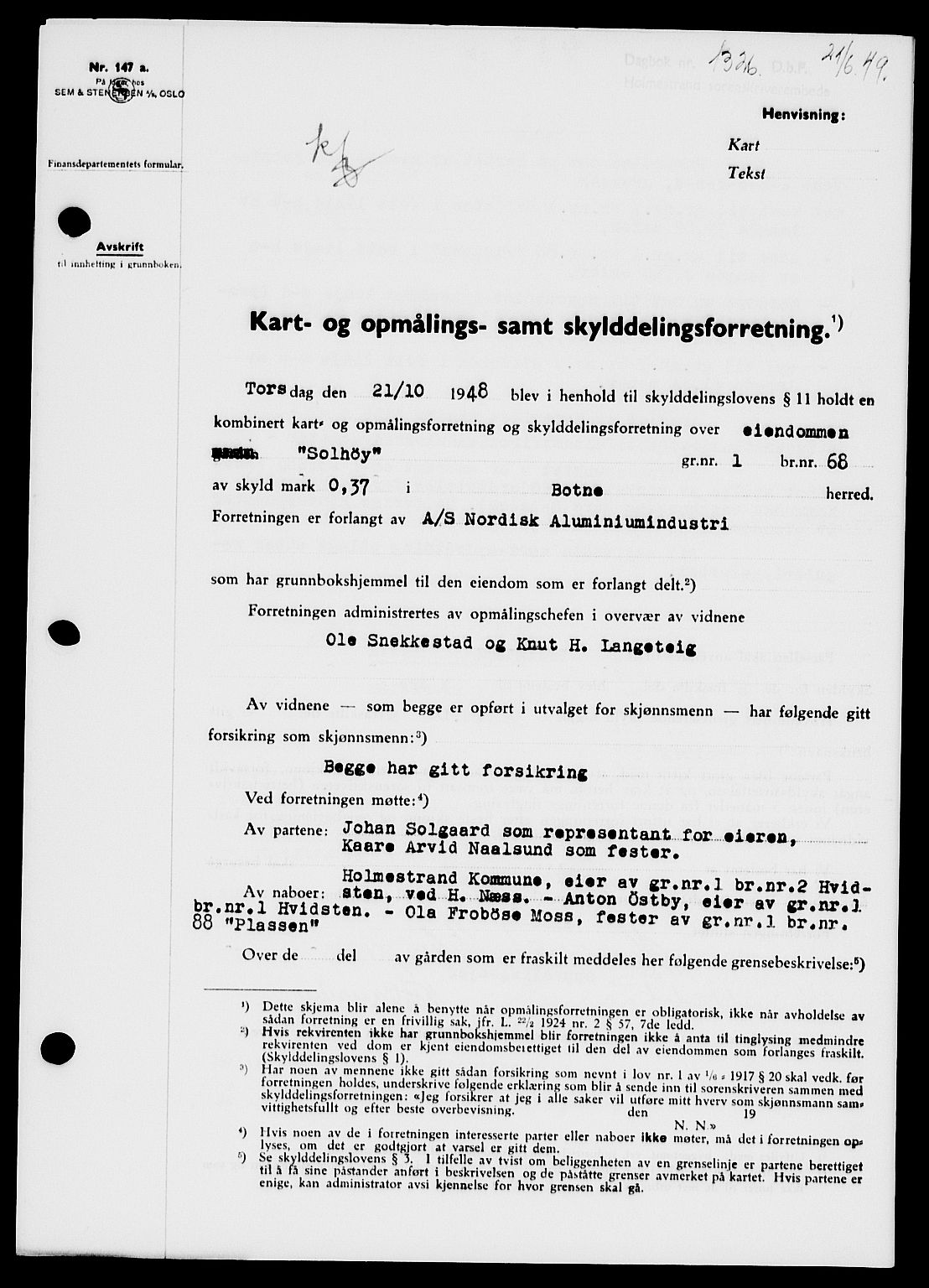 Holmestrand sorenskriveri, SAKO/A-67/G/Ga/Gaa/L0066: Pantebok nr. A-66, 1949-1949, Dagboknr: 1326/1949
