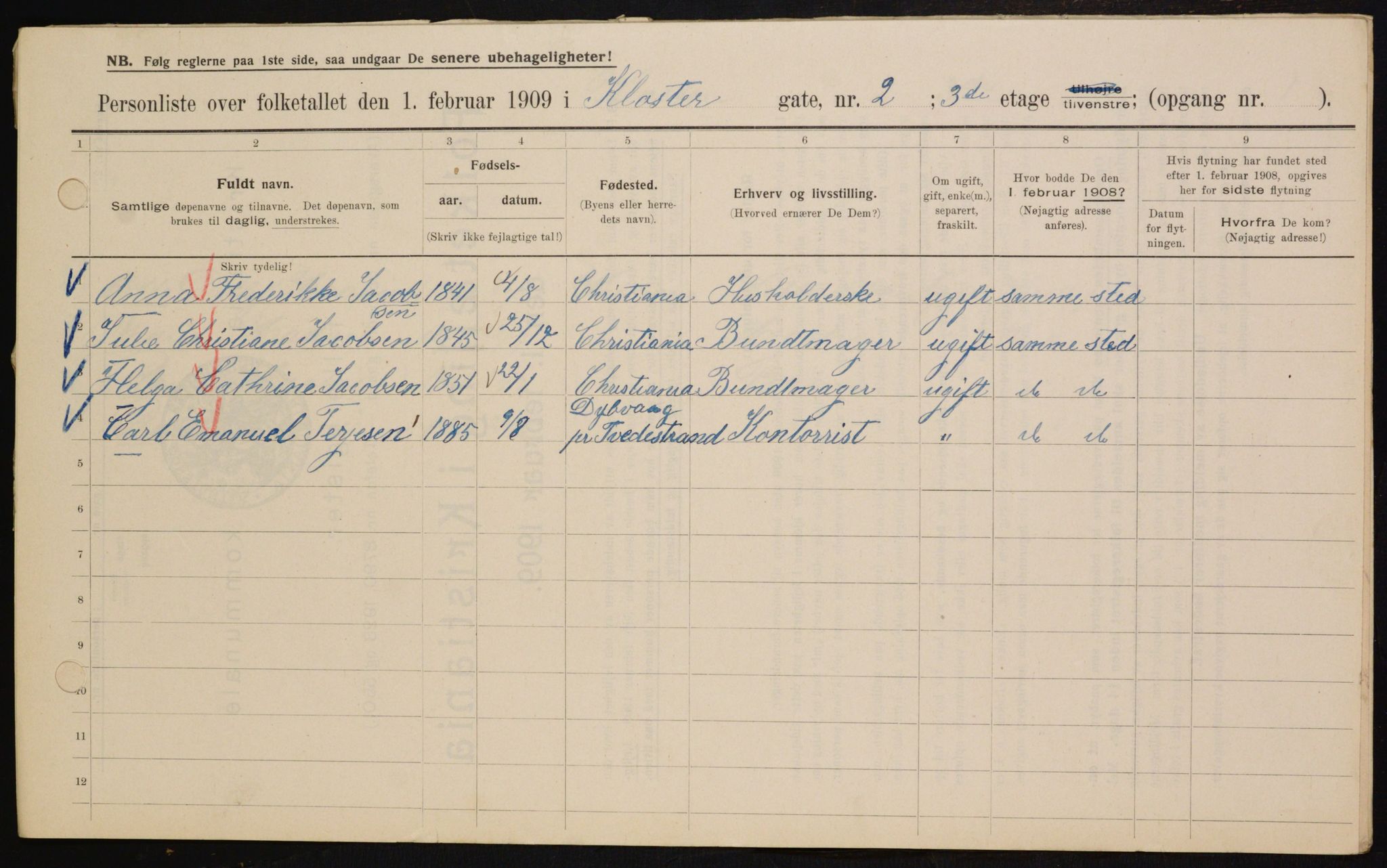 OBA, Kommunal folketelling 1.2.1909 for Kristiania kjøpstad, 1909, s. 47756