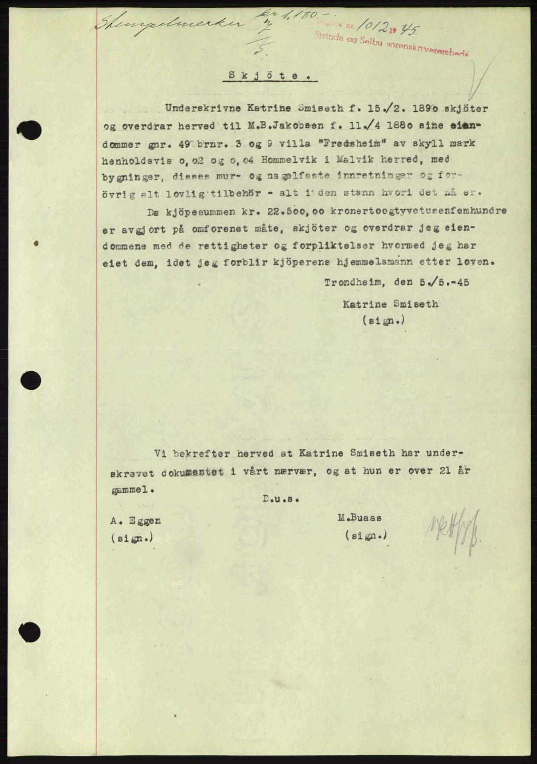 Strinda og Selbu sorenskriveri, SAT/A-0015/2/2C: Pantebok nr. A9, 1944-1945, Dagboknr: 1012/1945