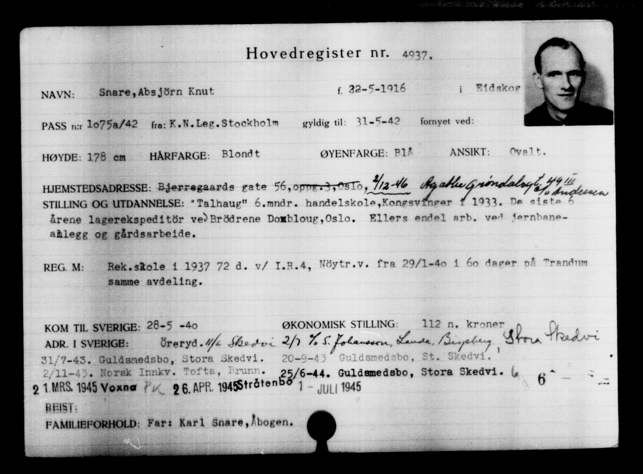Utenriksstasjonene, Legasjonen i Stockholm, Flyktningkontoret, AV/RA-S-6753/V/Va/L0004: Kjesäterkartoteket, flyktninger med registreringsnr. 3496-6610, 1940-1945, s. 1708