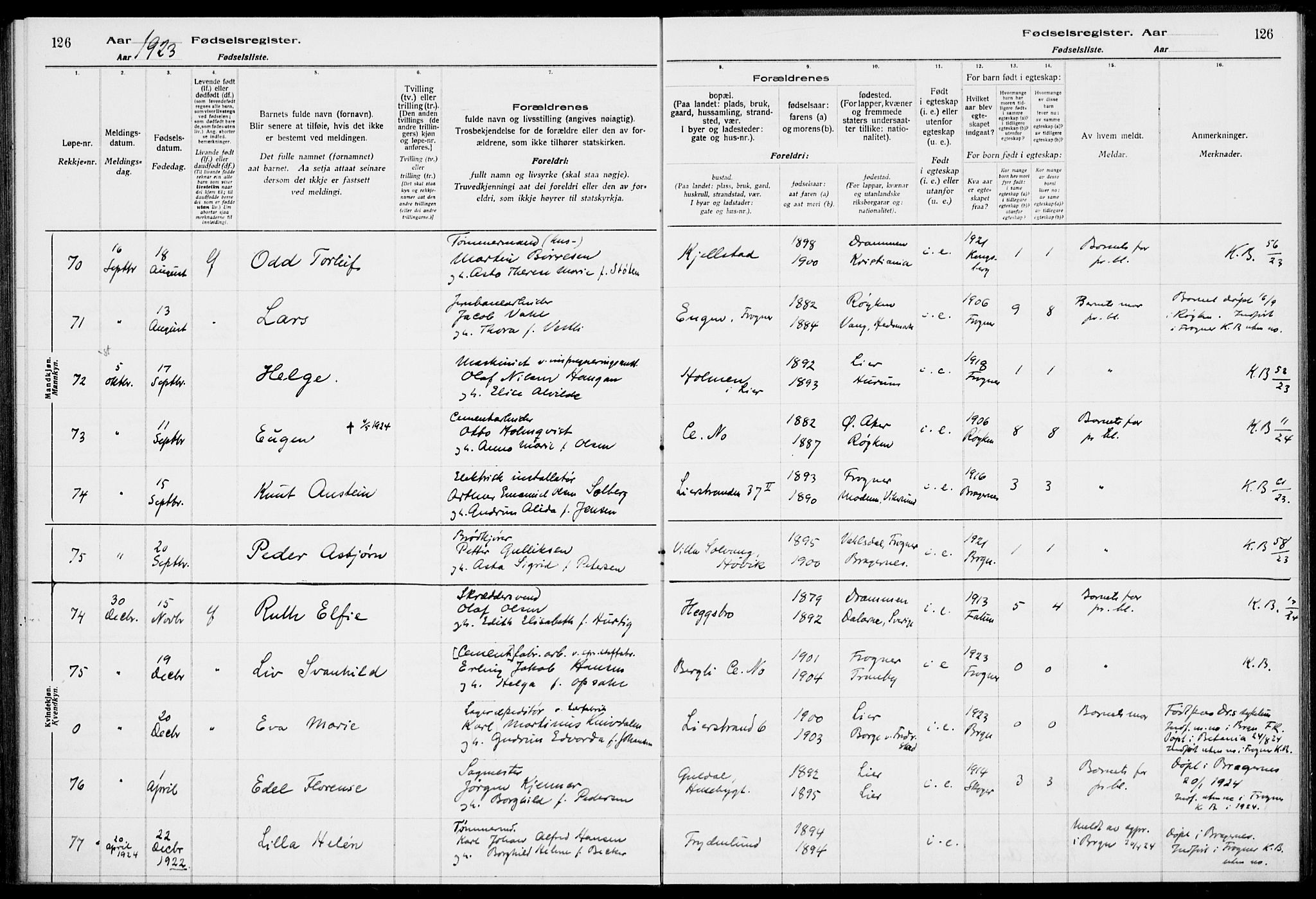 Lier kirkebøker, AV/SAKO-A-230/J/Ja/L0001: Fødselsregister nr. 1, 1916-1928, s. 126