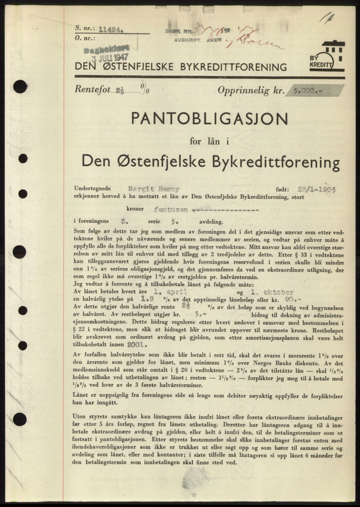 Aker herredsskriveri, AV/SAO-A-10896/G/Gb/Gbb/Gbbc/L0017: Pantebok nr. B83, 1947-1947, Dagboknr: 3740/1947