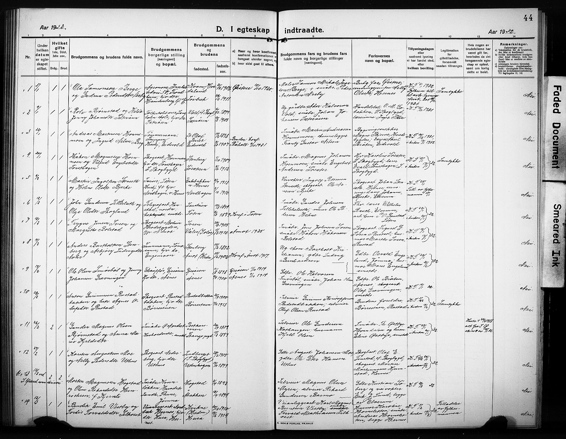 Elverum prestekontor, SAH/PREST-044/H/Ha/Hab/L0014: Klokkerbok nr. 14, 1922-1933, s. 44