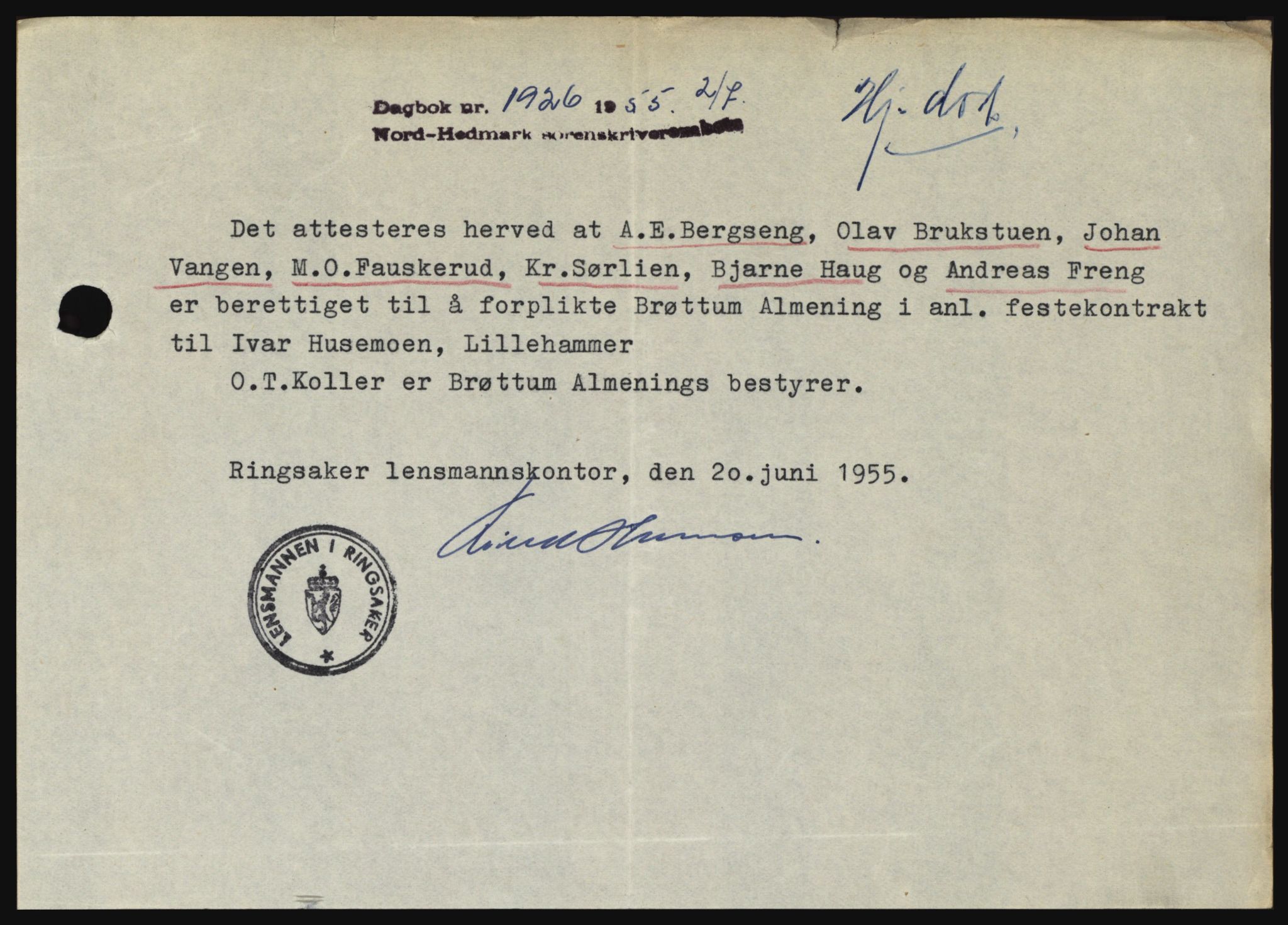 Nord-Hedmark sorenskriveri, SAH/TING-012/H/Hc/L0010: Pantebok nr. 10, 1955-1956, Dagboknr: 1926/1955