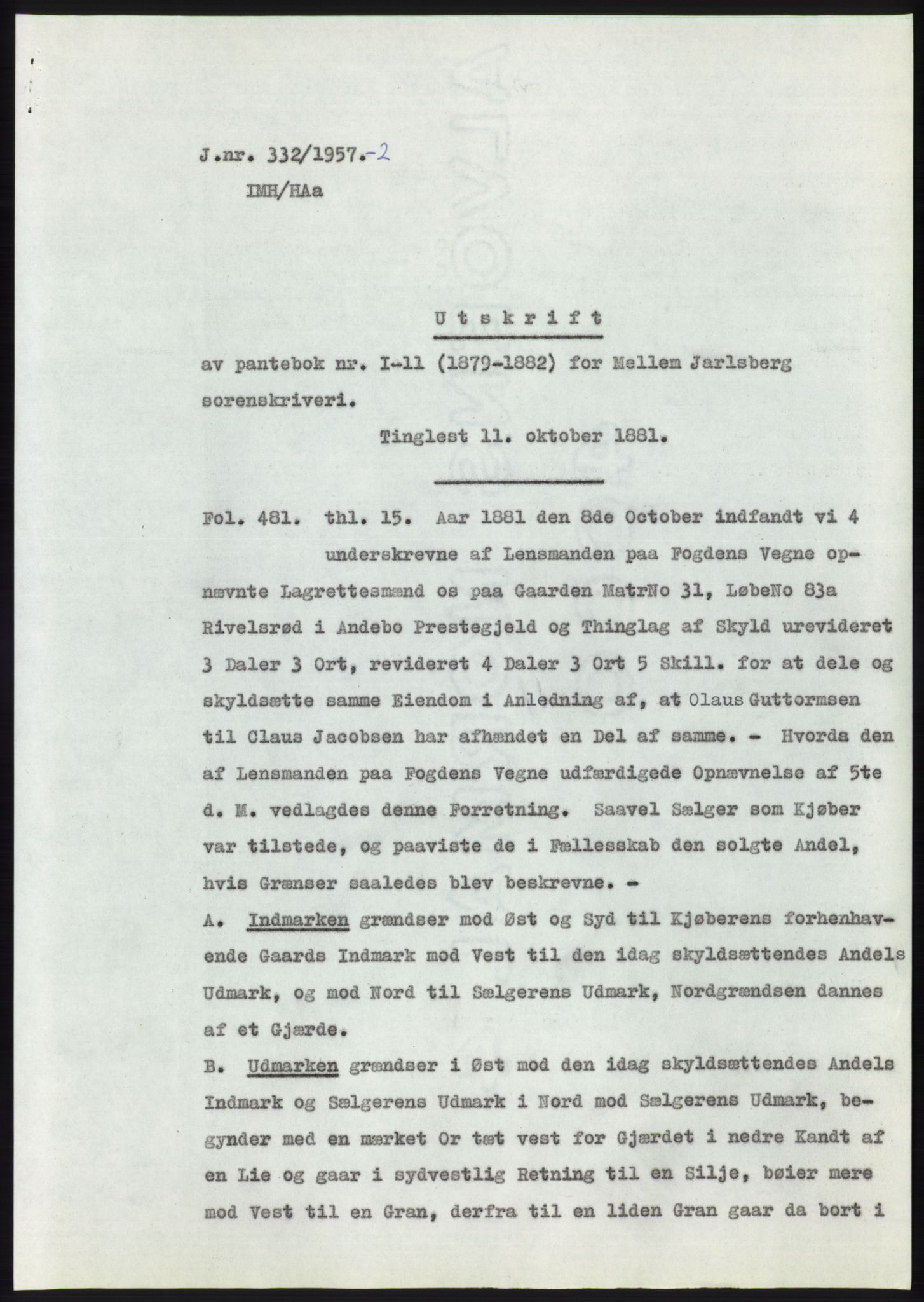 Statsarkivet i Kongsberg, AV/SAKO-A-0001/E/Ee/L0008: Avskrifter, SAO jnr. 1203/1956 - 344/1957, 1956-1957, s. 452