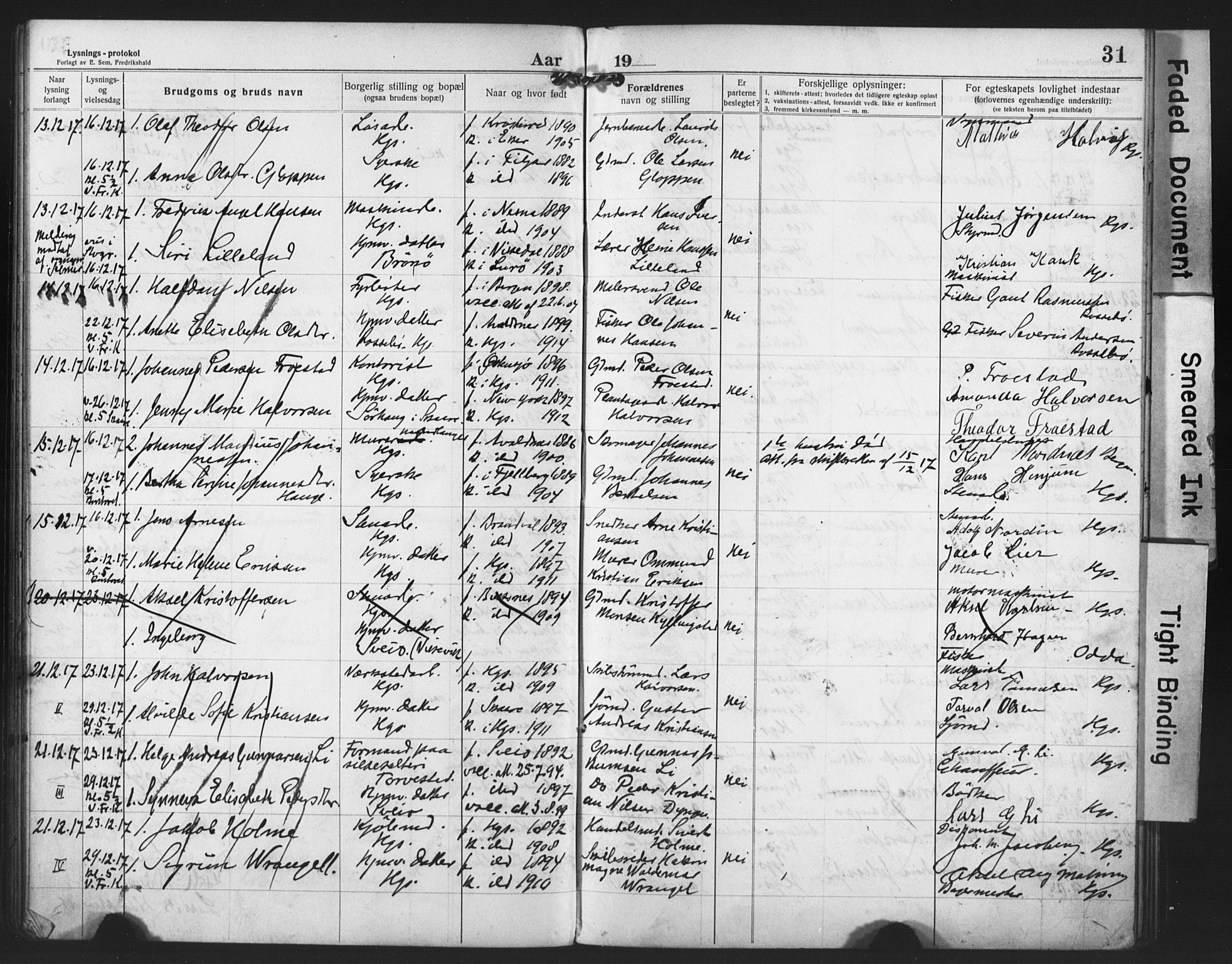 Haugesund sokneprestkontor, AV/SAST-A -101863/I/Ie/L0003: Lysningsprotokoll nr. VIII 3, 1916-1921, s. 31