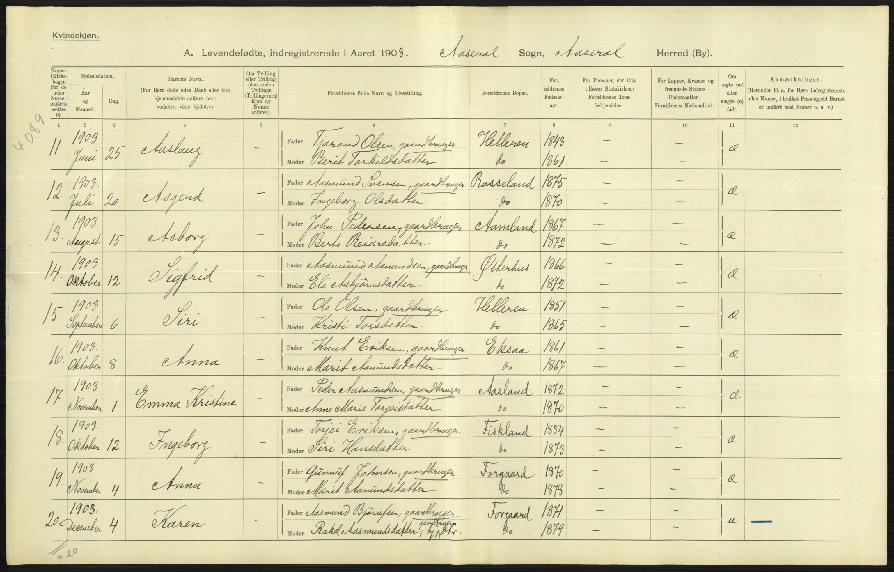 Statistisk sentralbyrå, Sosiodemografiske emner, Befolkning, AV/RA-S-2228/D/Df/Dfa/Dfaa/L0011: Lister og Mandal amt: Fødte, gifte, døde, 1903, s. 119