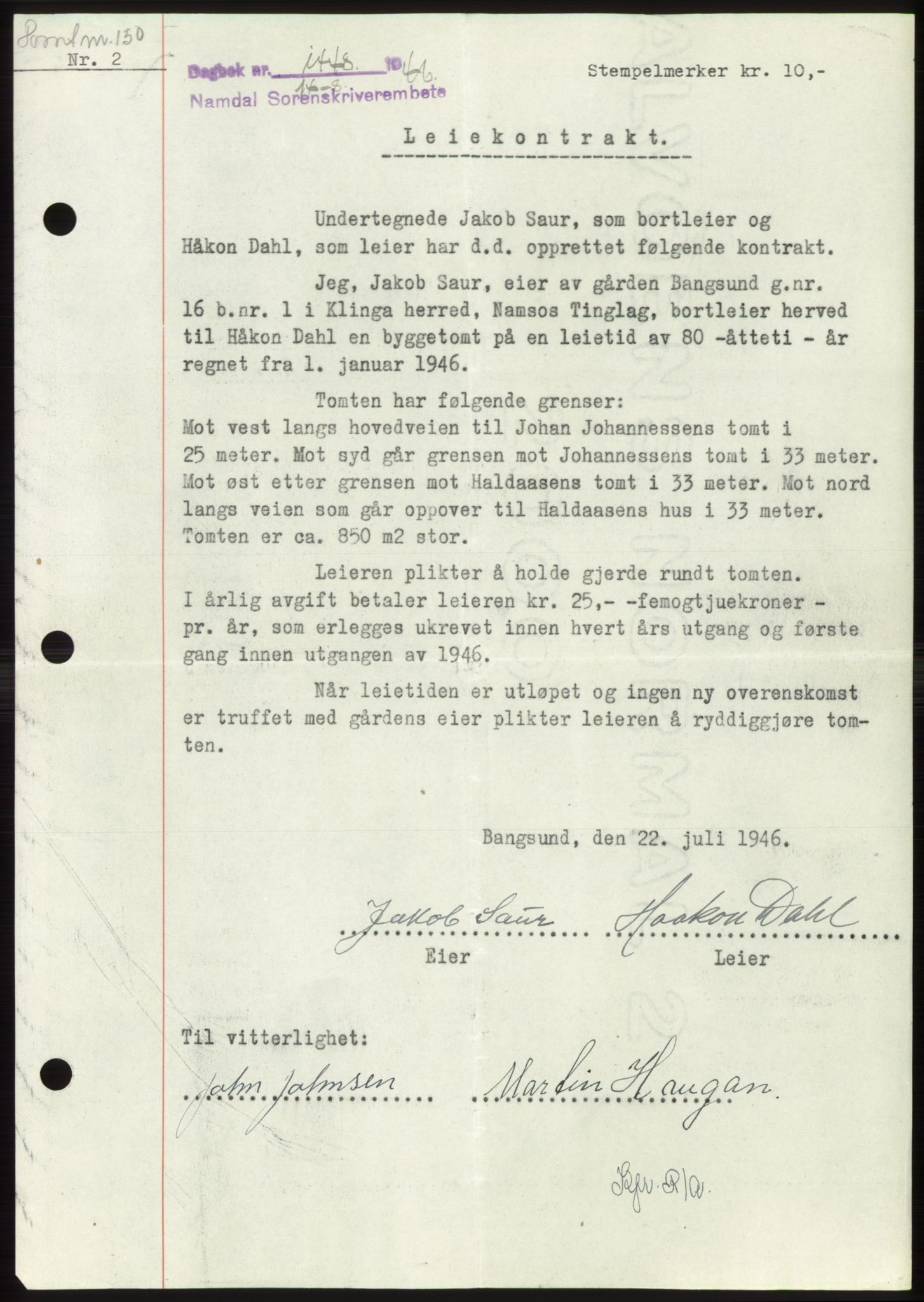 Namdal sorenskriveri, SAT/A-4133/1/2/2C: Pantebok nr. -, 1946-1946, Dagboknr: 1448/1946