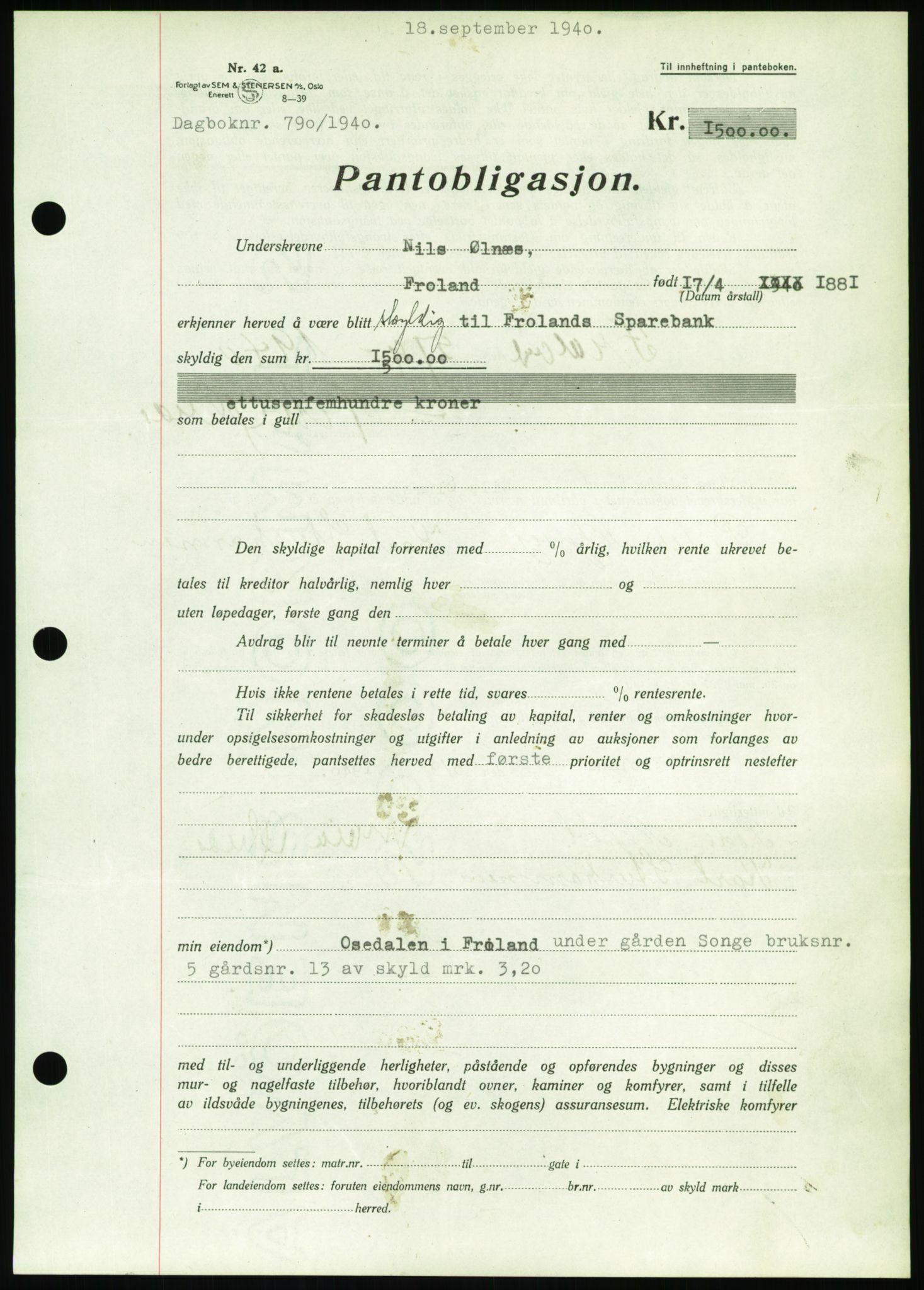 Nedenes sorenskriveri, SAK/1221-0006/G/Gb/Gbb/L0001: Pantebok nr. I, 1939-1942, Dagboknr: 790/1940
