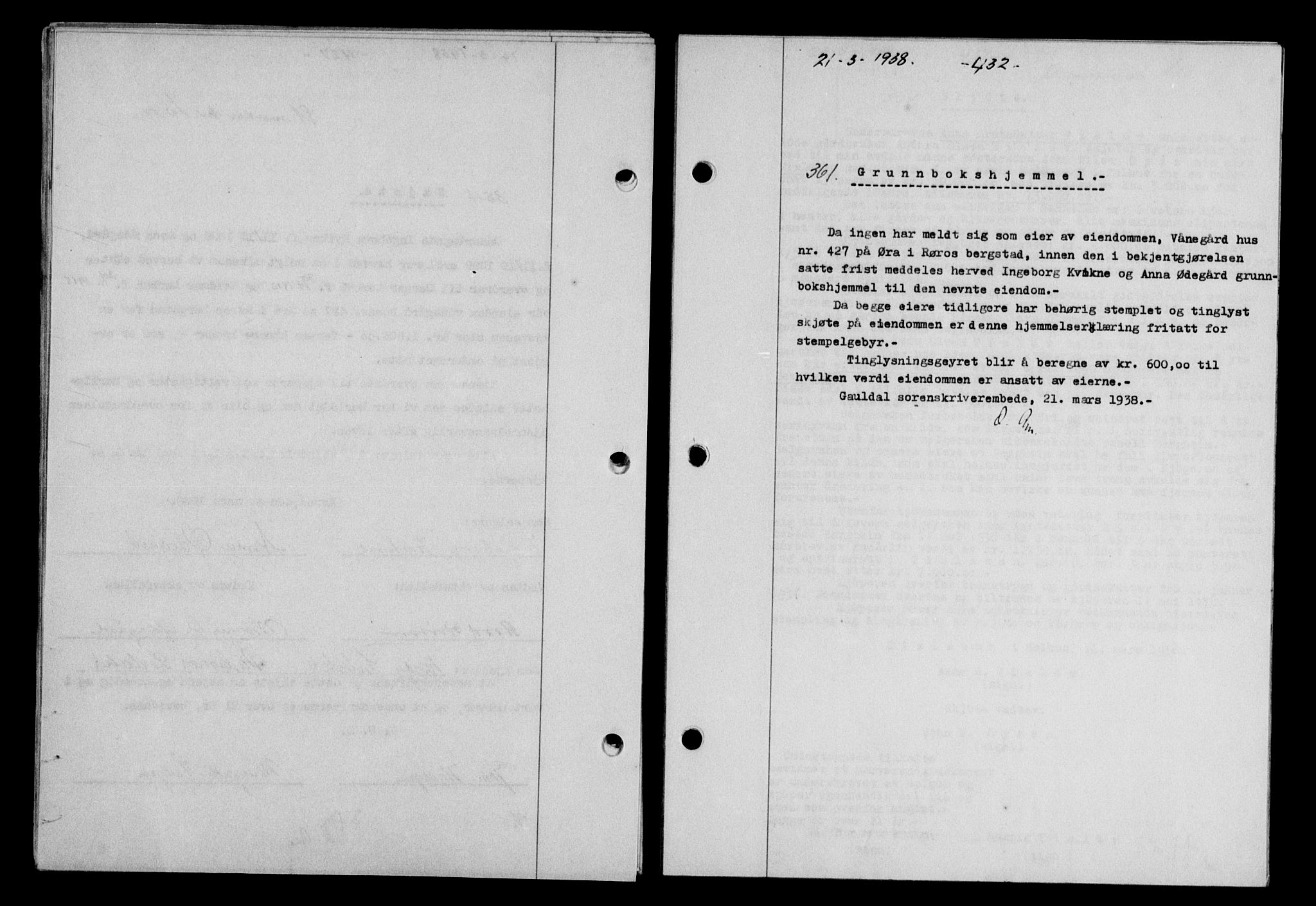 Gauldal sorenskriveri, SAT/A-0014/1/2/2C/L0048: Pantebok nr. 51-52, 1937-1938, s. 432, Dagboknr: 361/1938