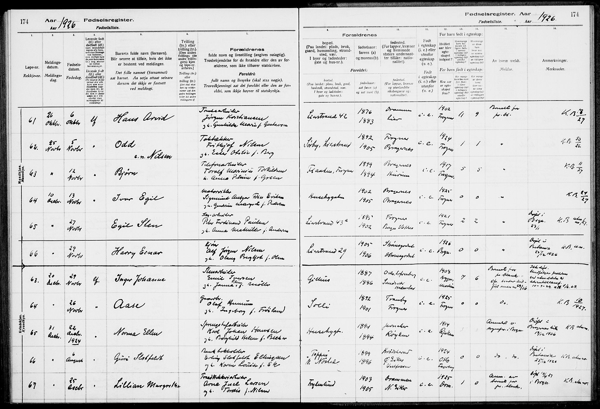 Lier kirkebøker, AV/SAKO-A-230/J/Ja/L0001: Fødselsregister nr. 1, 1916-1928, s. 174