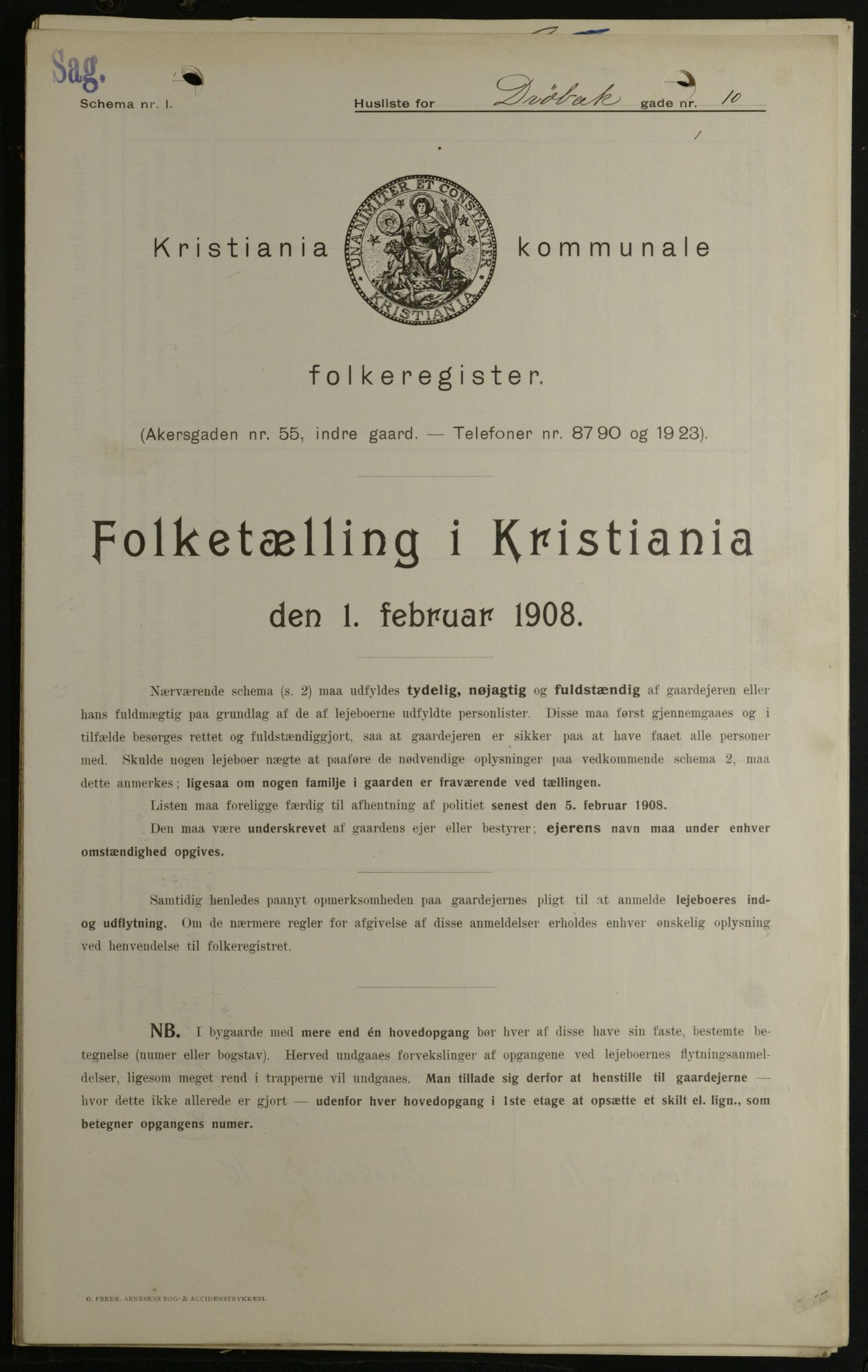 OBA, Kommunal folketelling 1.2.1908 for Kristiania kjøpstad, 1908, s. 16169