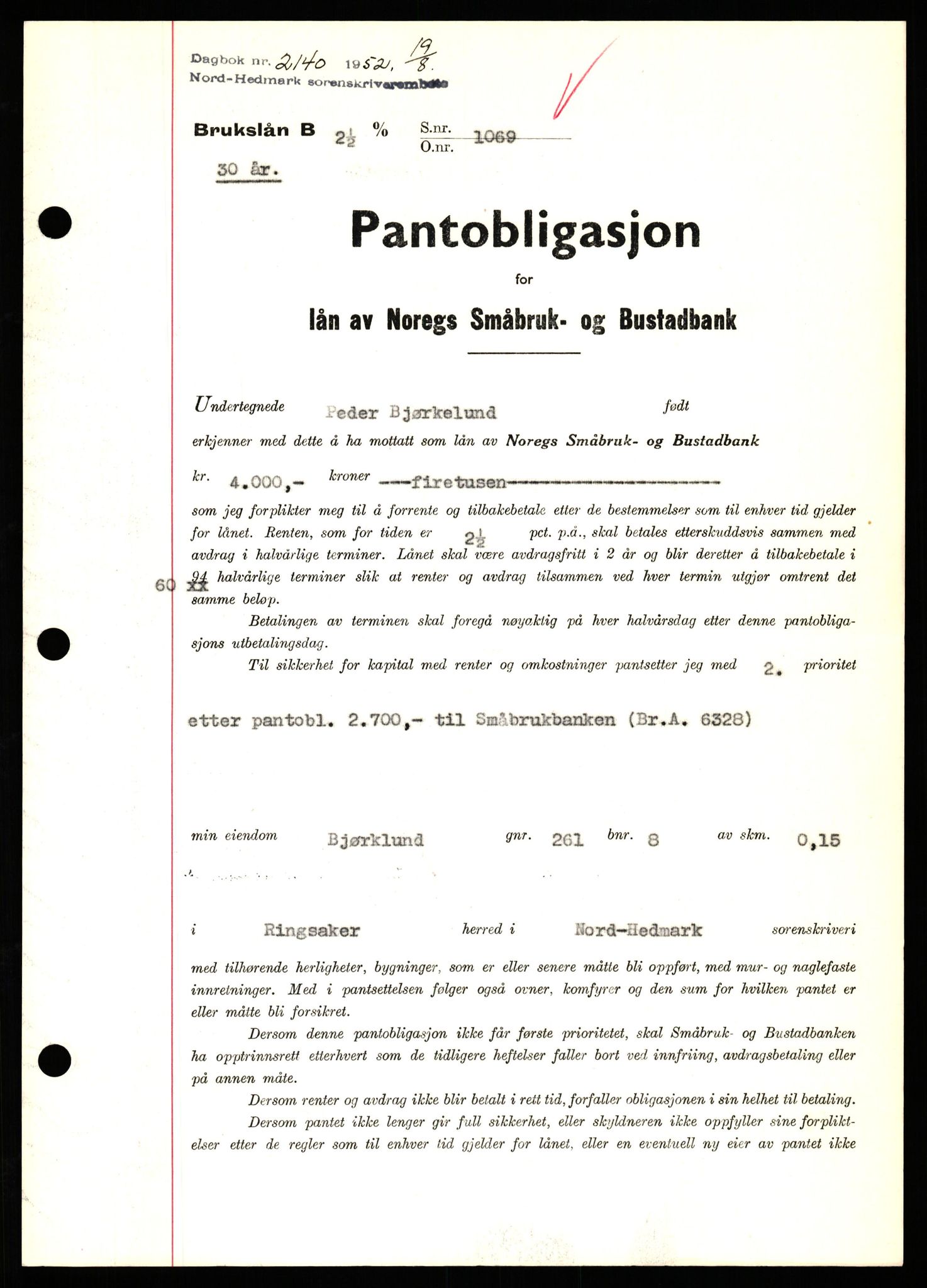 Nord-Hedmark sorenskriveri, SAH/TING-012/H/Hb/Hbf/L0025: Pantebok nr. B25, 1952-1952, Dagboknr: 2140/1952