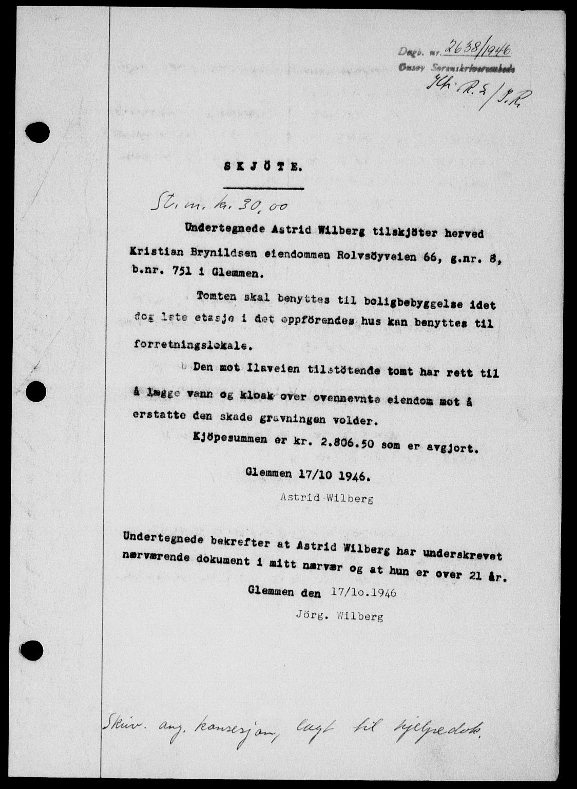 Onsøy sorenskriveri, SAO/A-10474/G/Ga/Gab/L0017: Pantebok nr. II A-17, 1946-1946, Dagboknr: 2638/1946