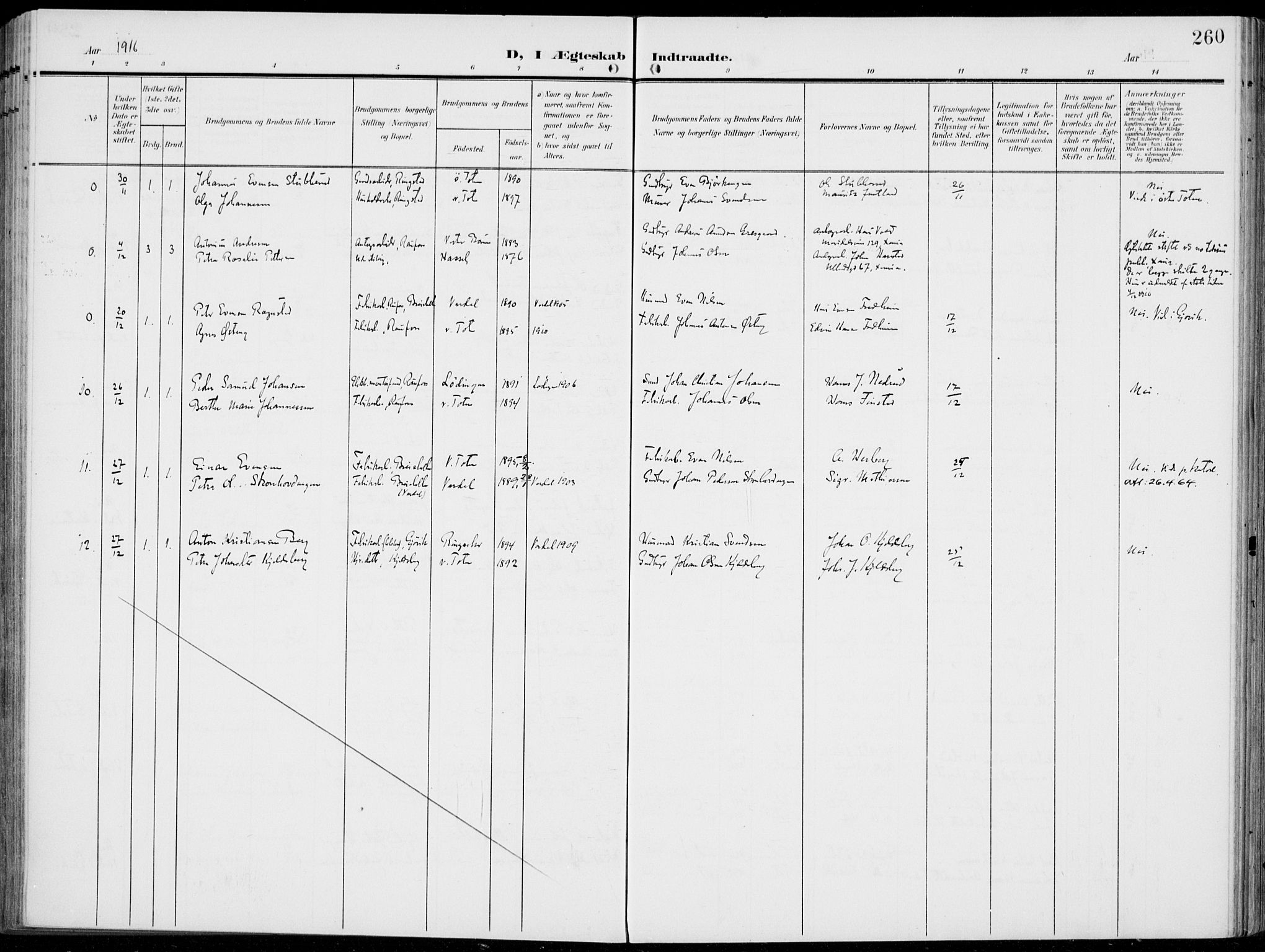 Vestre Toten prestekontor, AV/SAH-PREST-108/H/Ha/Haa/L0014: Ministerialbok nr. 14, 1907-1920, s. 260