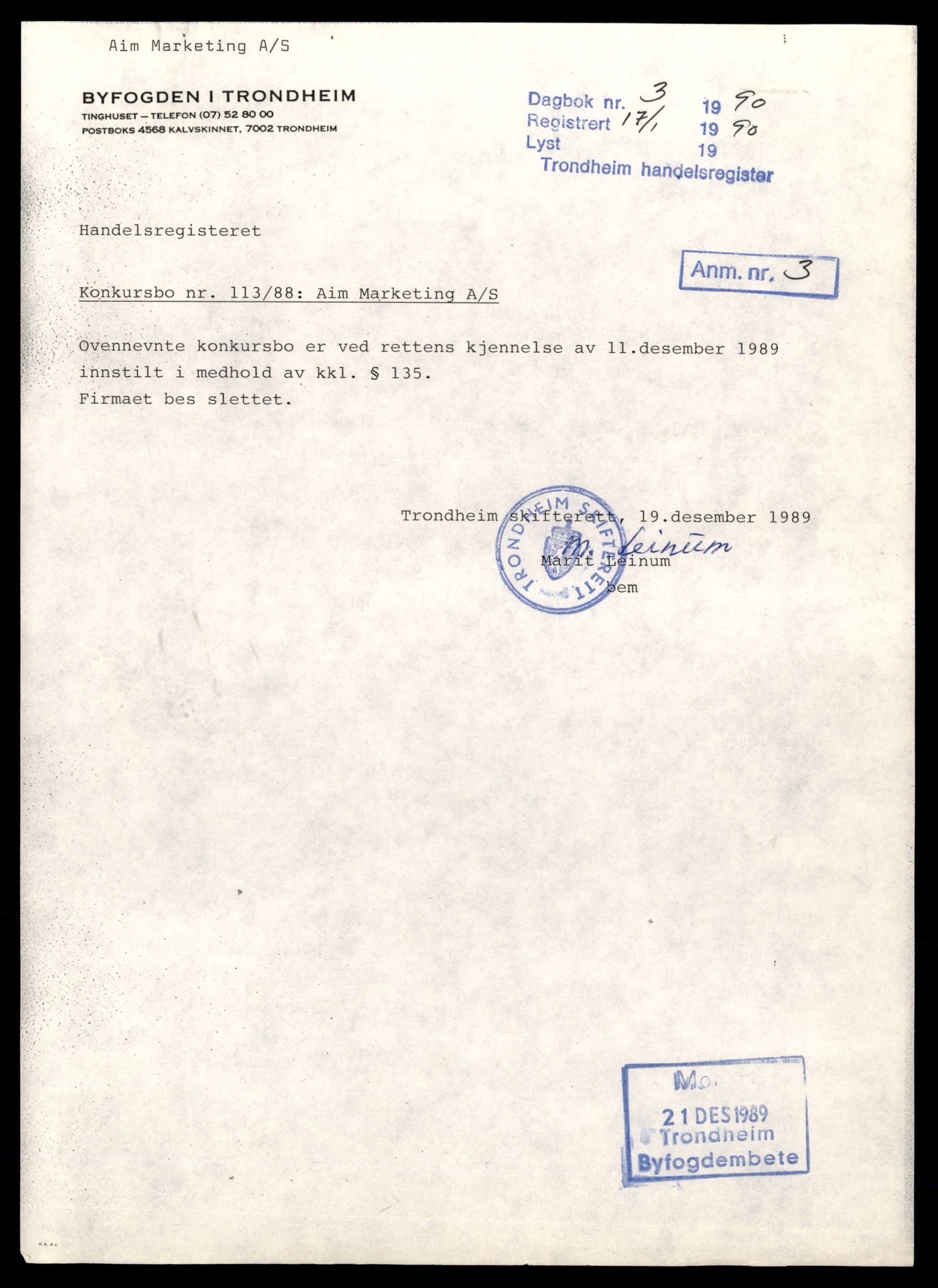 Trondheim byfogd, SAT/A-0003/2/J/Jd/Jdb/L0110: Aksjeselskap, andelslag og borettslag, A-C, 1989-1990, s. 1