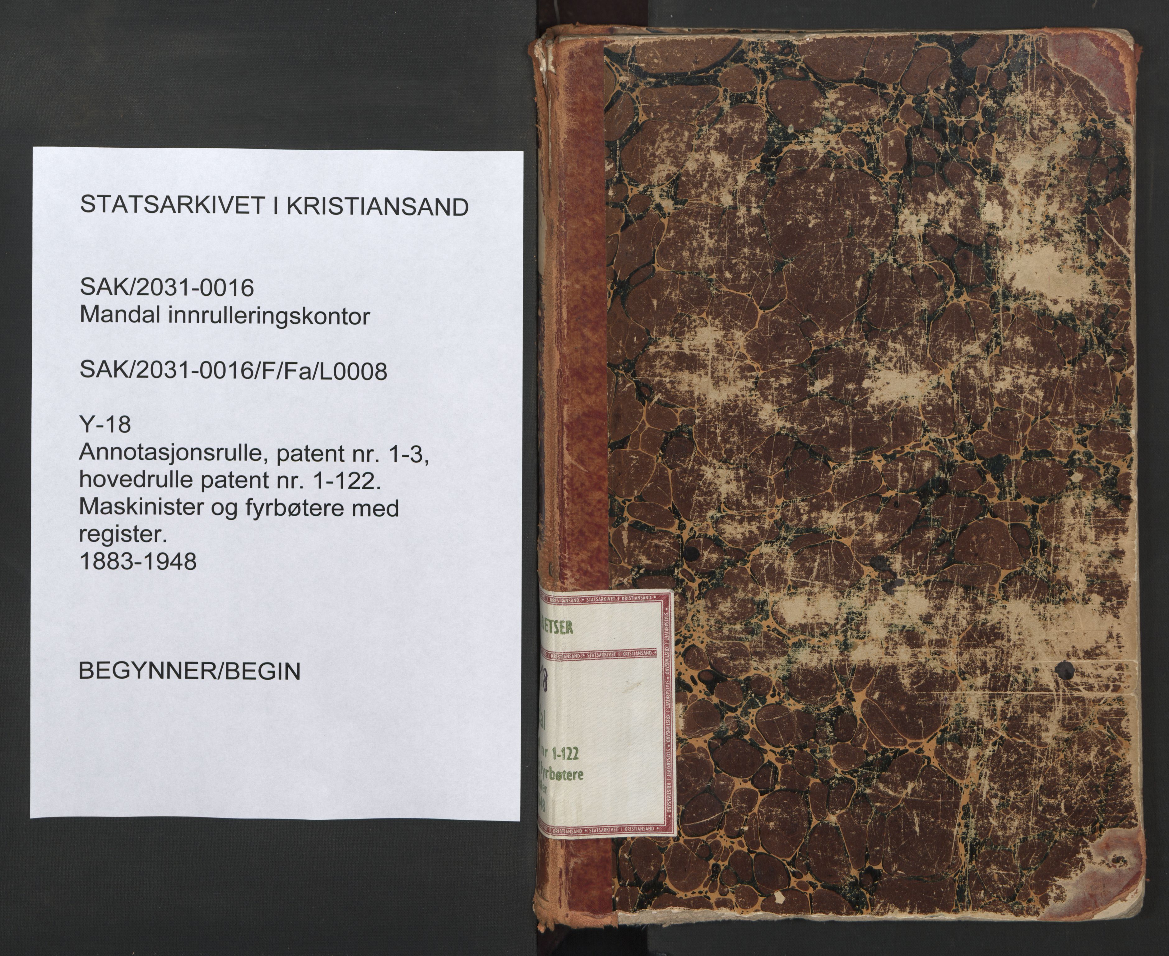 Mandal mønstringskrets, AV/SAK-2031-0016/F/Fa/L0008: Annotasjonsrulle nr 1-3, hovedrulle nr 1-122, maskinister og fyrbøtere, med register, Y-18, 1883-1948, s. 1