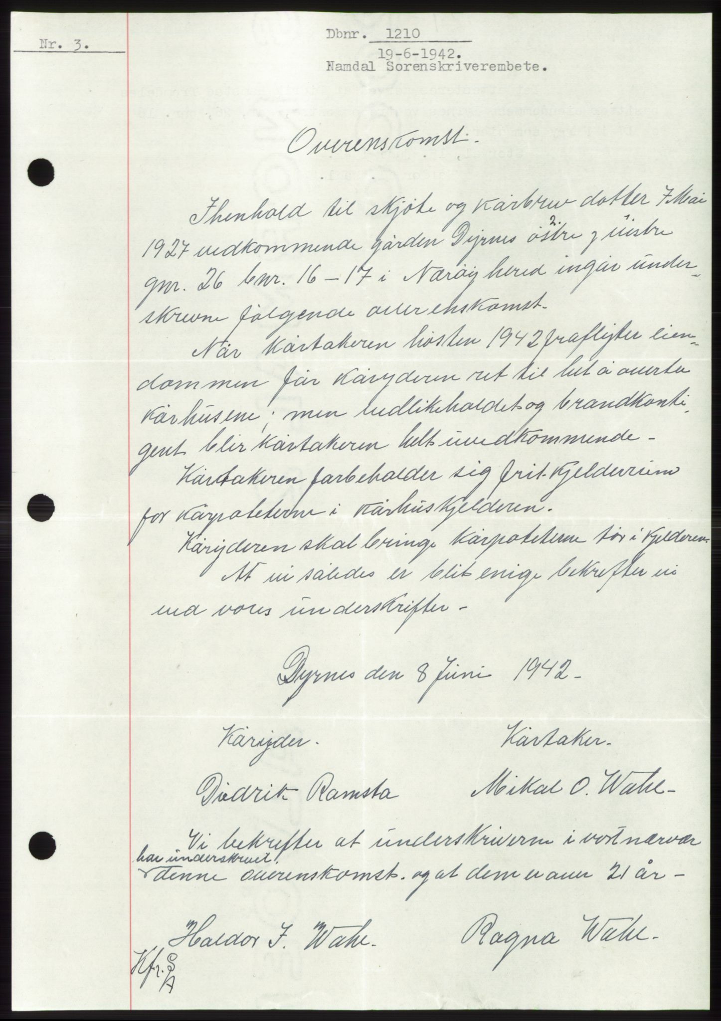 Namdal sorenskriveri, SAT/A-4133/1/2/2C: Pantebok nr. -, 1941-1942, Dagboknr: 1210/1942