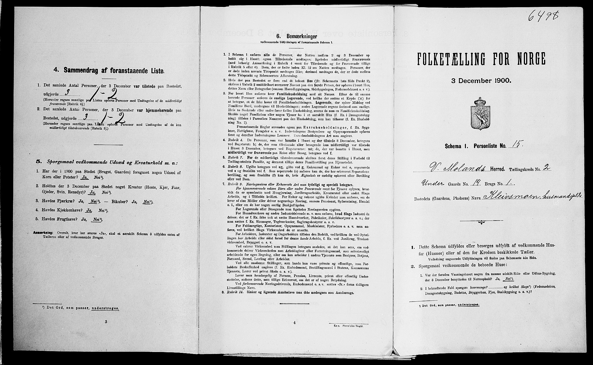 SAK, Folketelling 1900 for 0926 Vestre Moland herred, 1900, s. 265