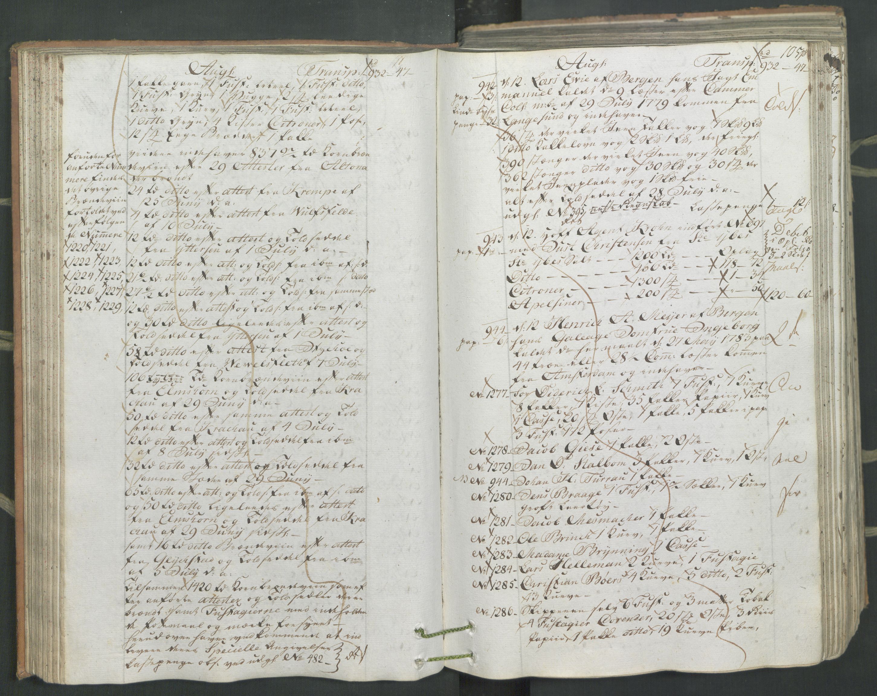 Generaltollkammeret, tollregnskaper, AV/RA-EA-5490/R26/L0222/0001: Tollregnskaper Bergen A / Inngående hovedtollbok, 1786, s. 104b-105a