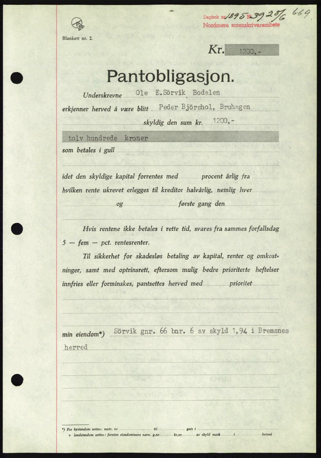 Nordmøre sorenskriveri, AV/SAT-A-4132/1/2/2Ca: Pantebok nr. B85, 1939-1939, Dagboknr: 1895/1939