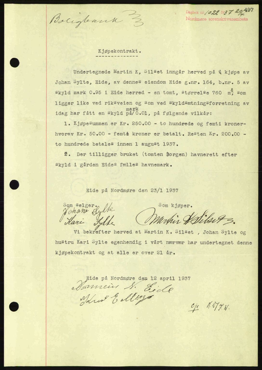 Nordmøre sorenskriveri, SAT/A-4132/1/2/2Ca: Pantebok nr. A81, 1937-1937, Dagboknr: 1022/1937