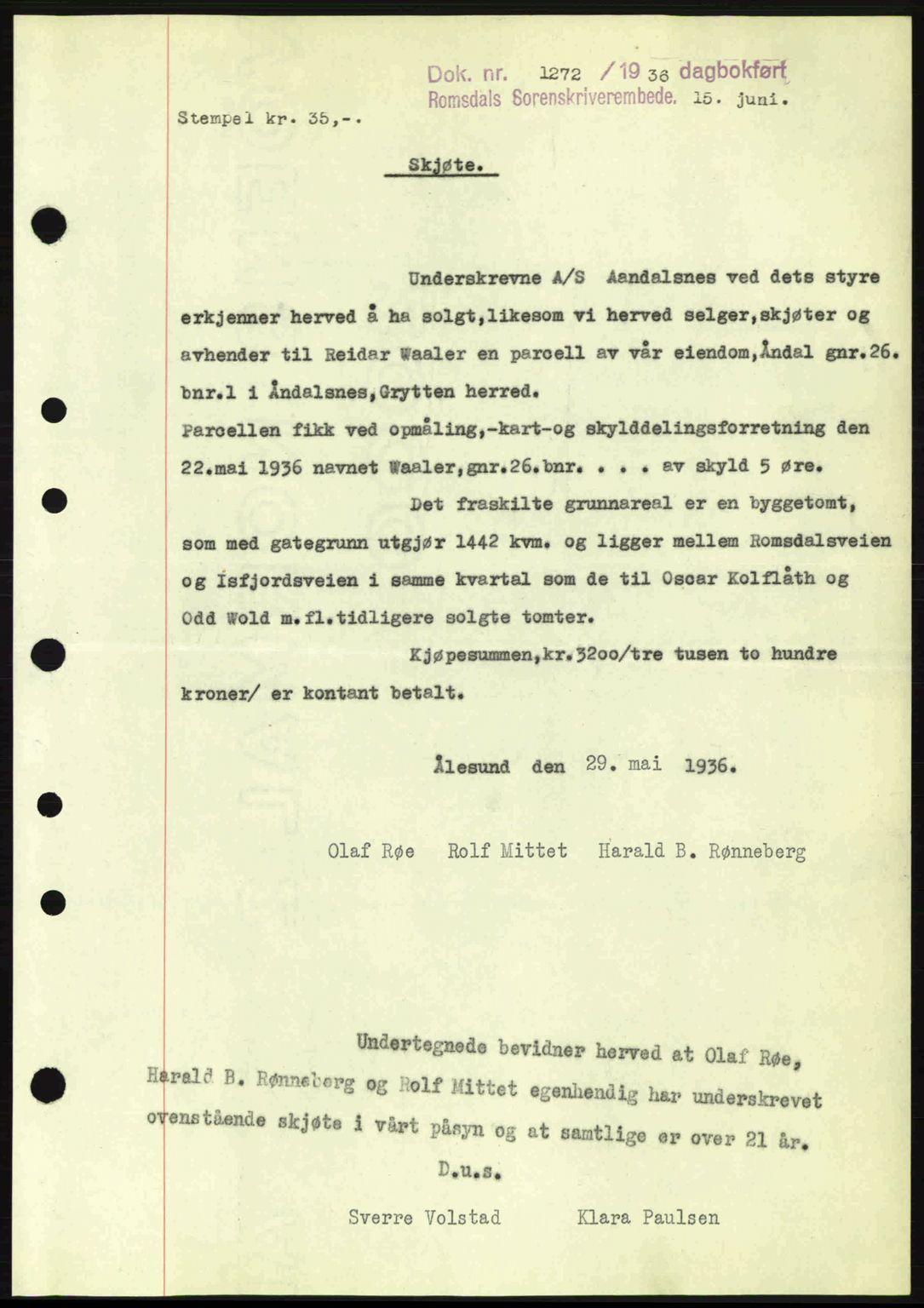 Romsdal sorenskriveri, SAT/A-4149/1/2/2C: Pantebok nr. A1, 1936-1936, Dagboknr: 1272/1936