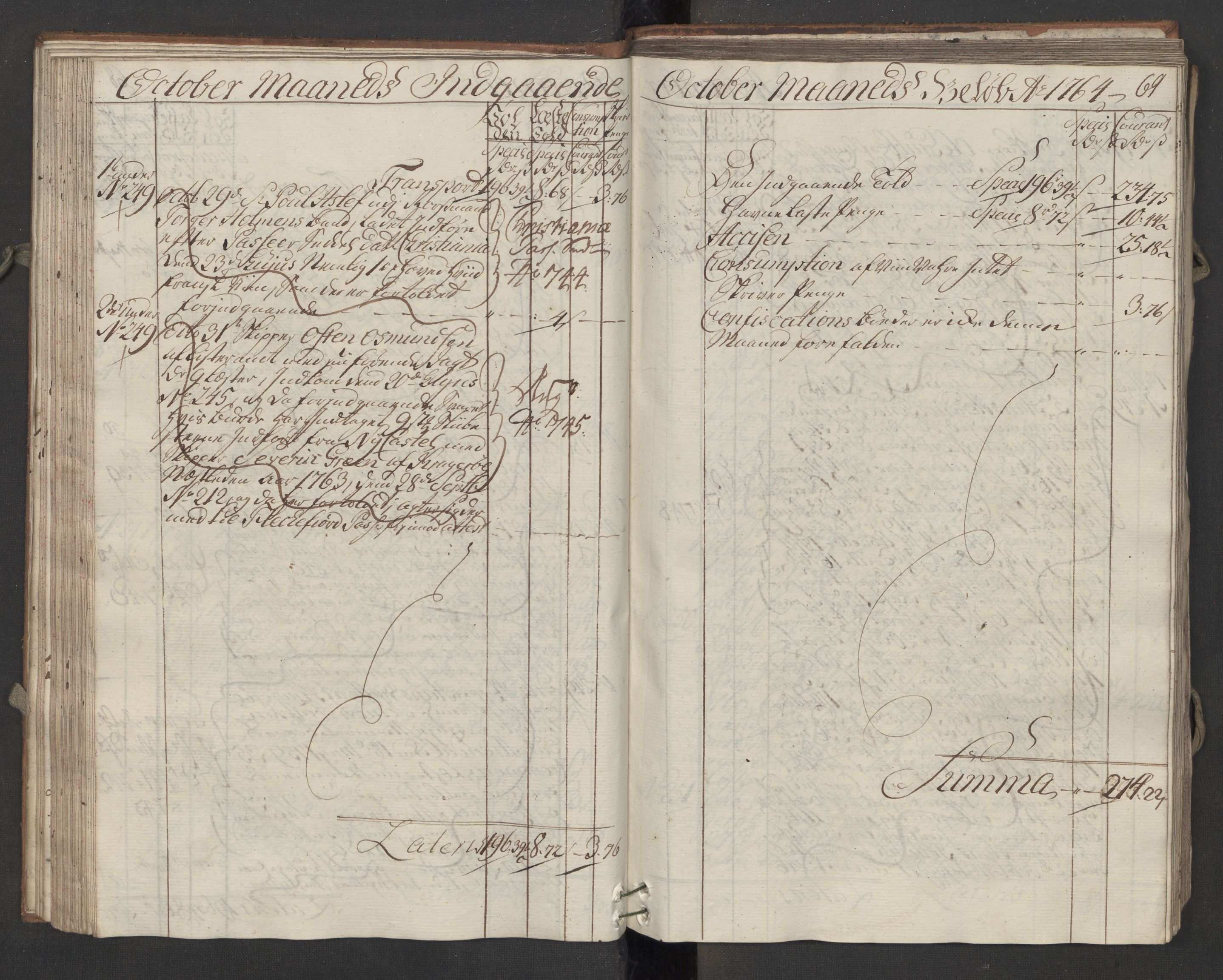 Generaltollkammeret, tollregnskaper, RA/EA-5490/R13/L0036/0001: Tollregnskaper Kragerø / Inngående hovedtollbok, 1764, s. 68b-69a