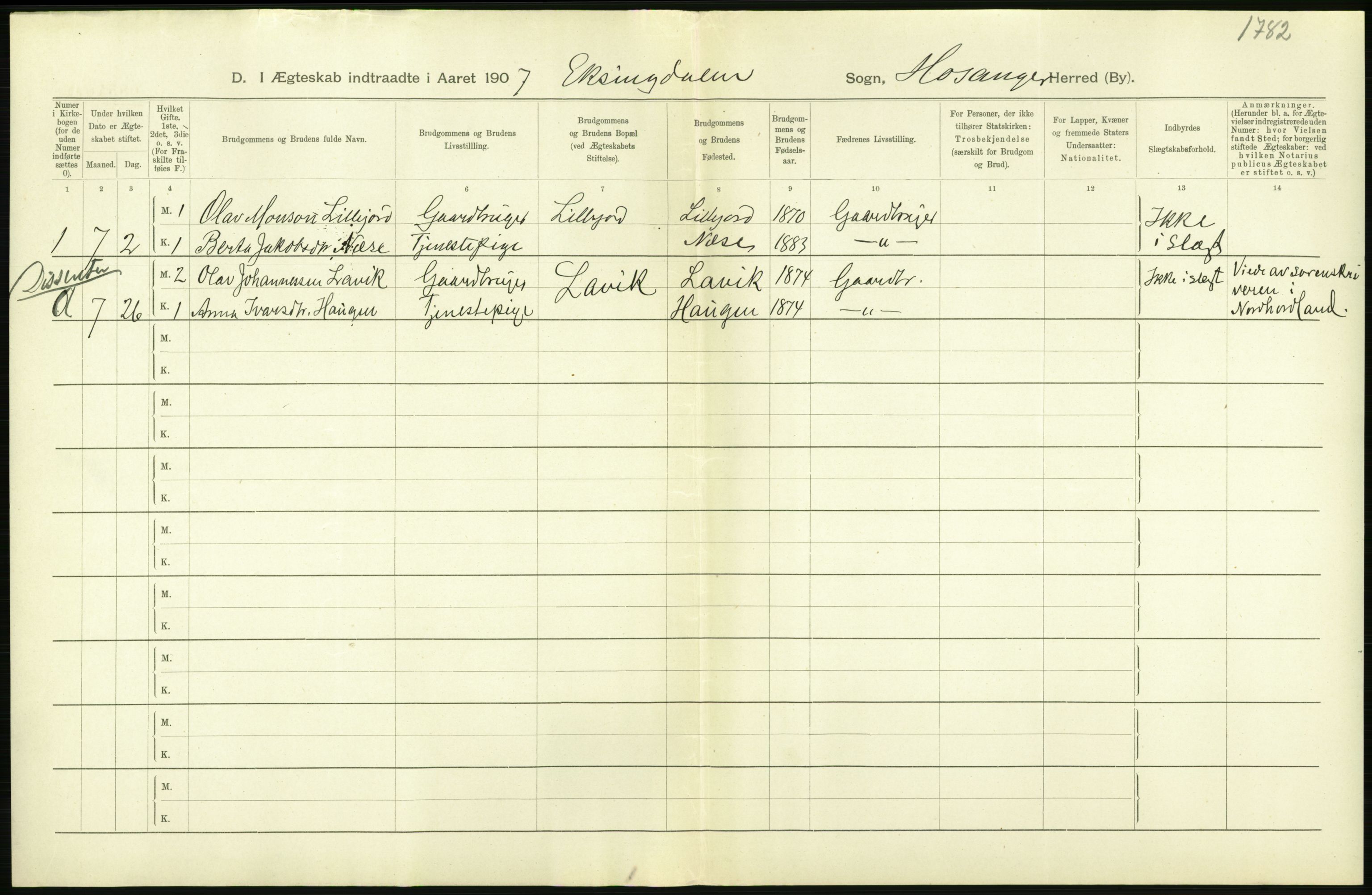 Statistisk sentralbyrå, Sosiodemografiske emner, Befolkning, RA/S-2228/D/Df/Dfa/Dfae/L0029: S. Bergenhus amt: Gifte, dødfødte. Bygder., 1907, s. 14