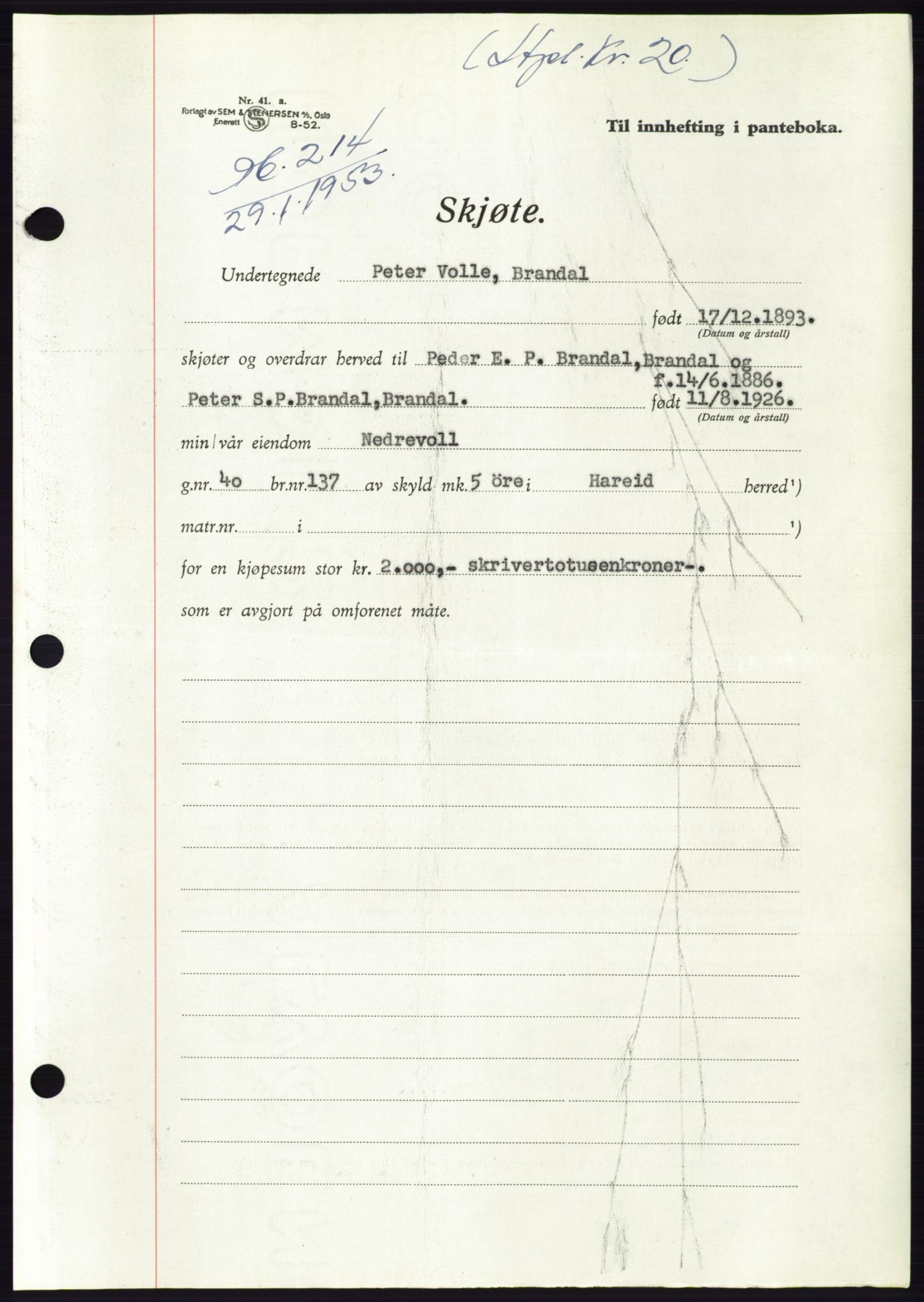 Søre Sunnmøre sorenskriveri, AV/SAT-A-4122/1/2/2C/L0094: Pantebok nr. 20A, 1953-1953, Dagboknr: 214/1953