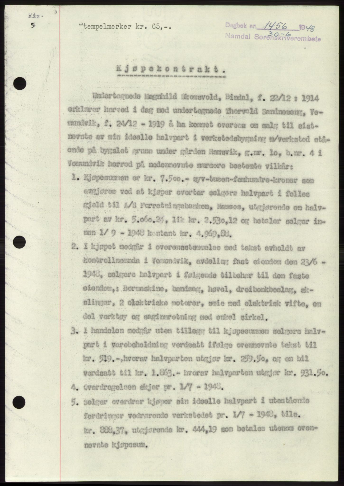 Namdal sorenskriveri, SAT/A-4133/1/2/2C: Pantebok nr. -, 1948-1948, Dagboknr: 1456/1948