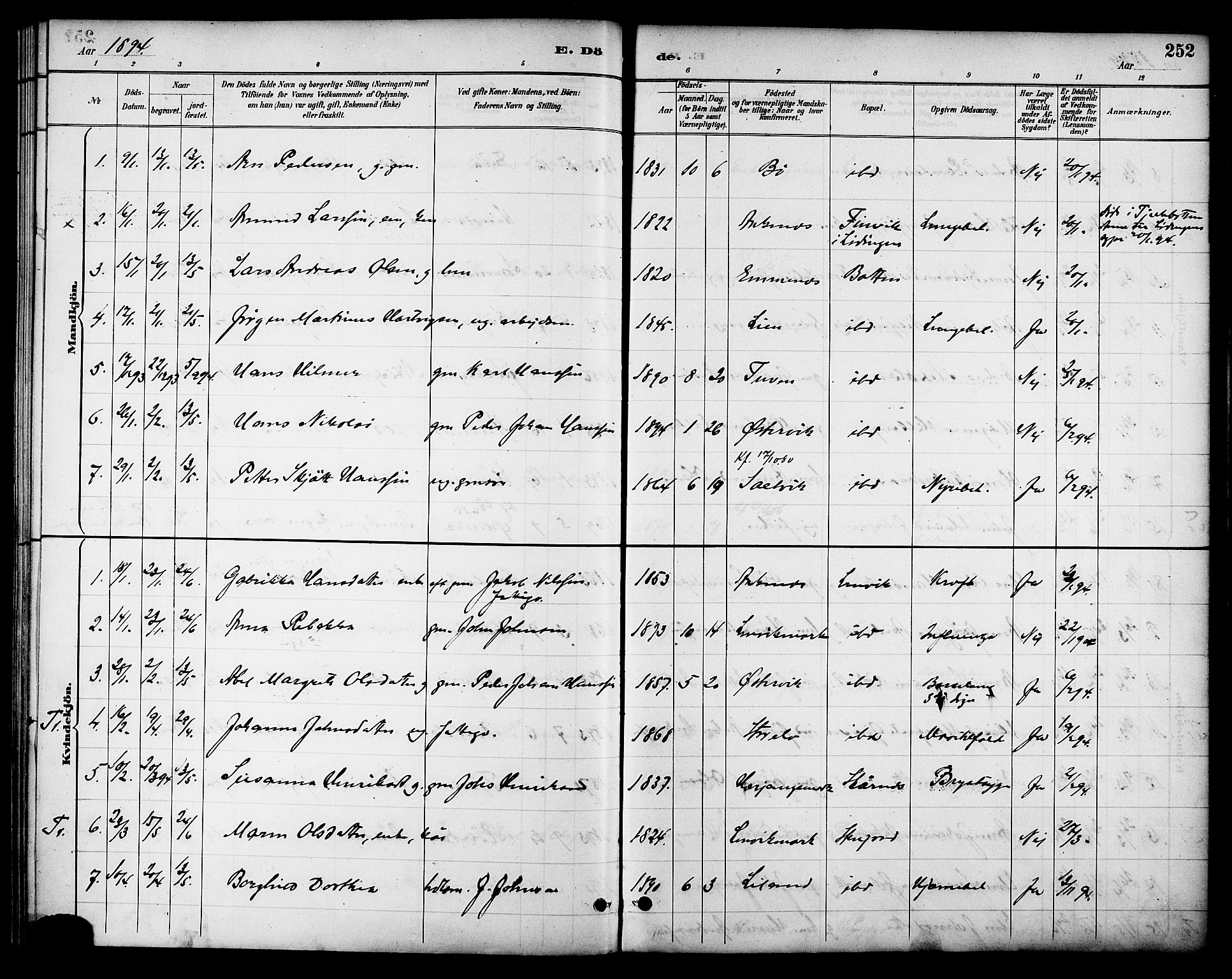 Ministerialprotokoller, klokkerbøker og fødselsregistre - Nordland, AV/SAT-A-1459/863/L0898: Ministerialbok nr. 863A10, 1886-1897, s. 252