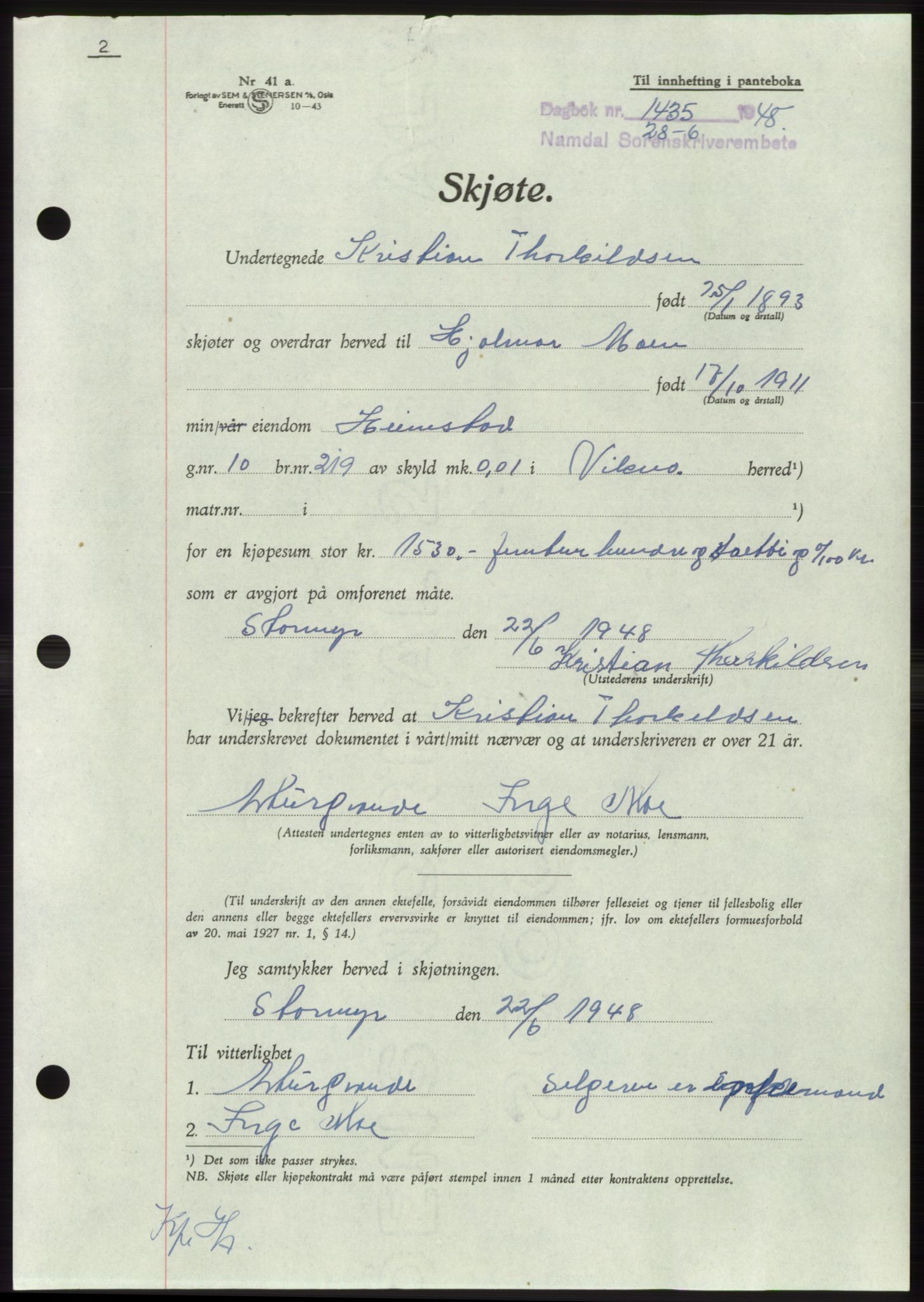 Namdal sorenskriveri, SAT/A-4133/1/2/2C: Pantebok nr. -, 1948-1948, Dagboknr: 1435/1948
