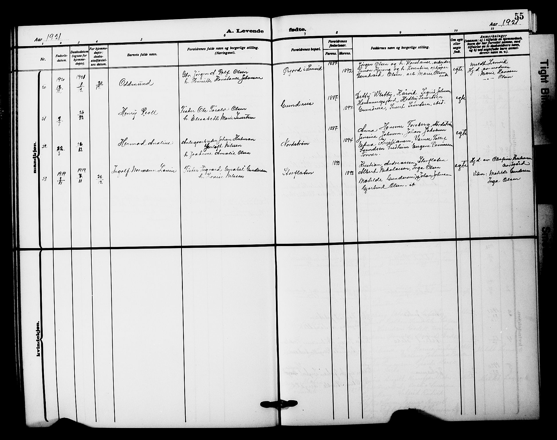 Tranøy sokneprestkontor, AV/SATØ-S-1313/I/Ia/Iab/L0023klokker: Klokkerbok nr. 23, 1913-1928, s. 55