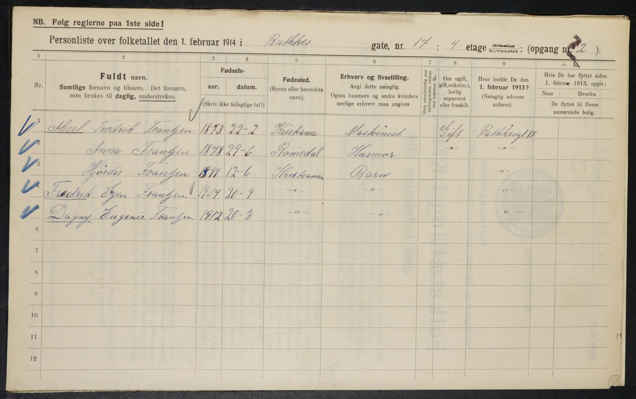 OBA, Kommunal folketelling 1.2.1914 for Kristiania, 1914, s. 82572