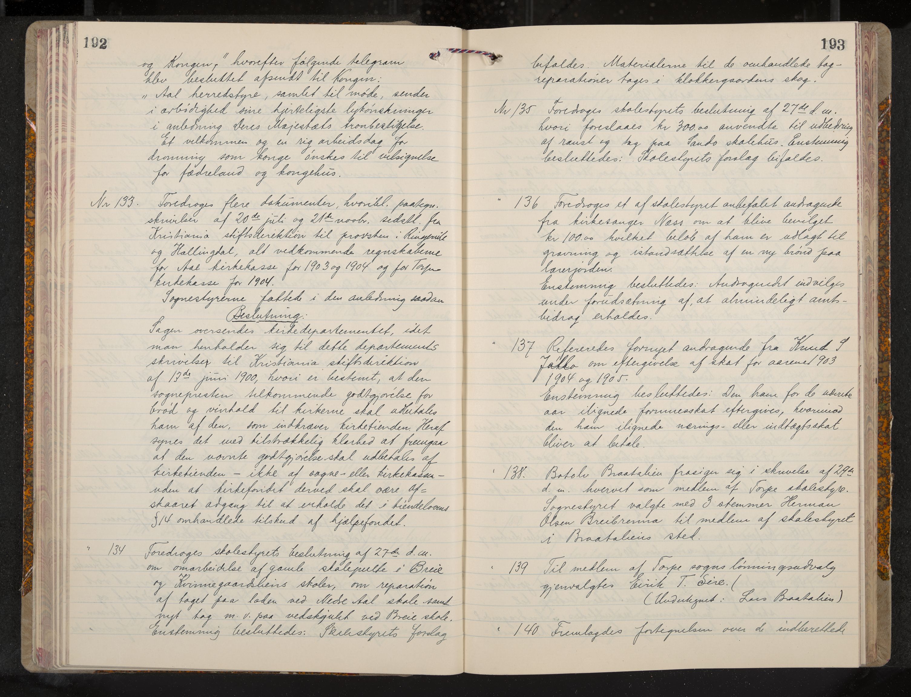 Ål formannskap og sentraladministrasjon, IKAK/0619021/A/Aa/L0005: Utskrift av møtebok, 1902-1910, s. 192-193